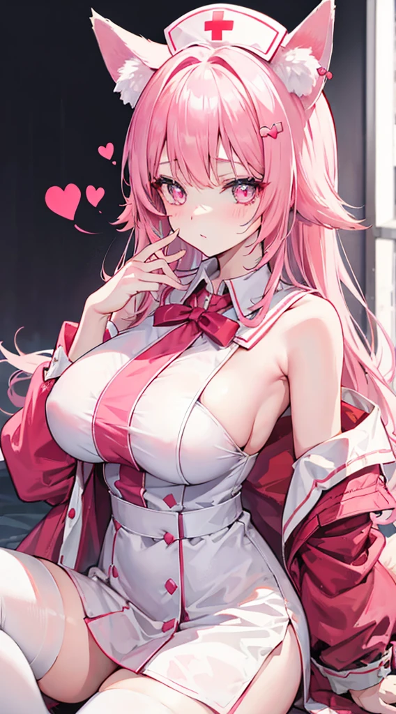 fox ears,a girl,戴white面具,high detail, heart shaped pupils,nurse cap,pink nurse uniform,love students,Off the shoulders,Red Cross,slim girl,highly rendered,Detailed face,white,