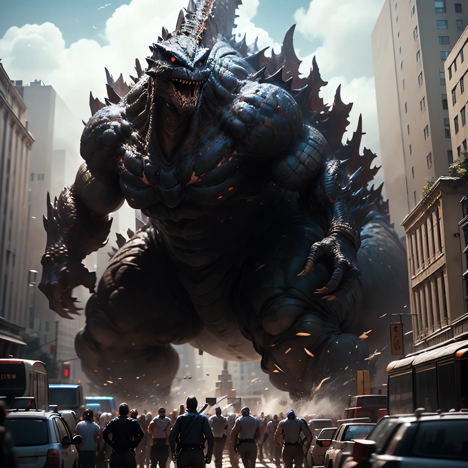 (best quality,masterpiece,highres,detailed), Godzilla, Fighting giant monsters, in the city,