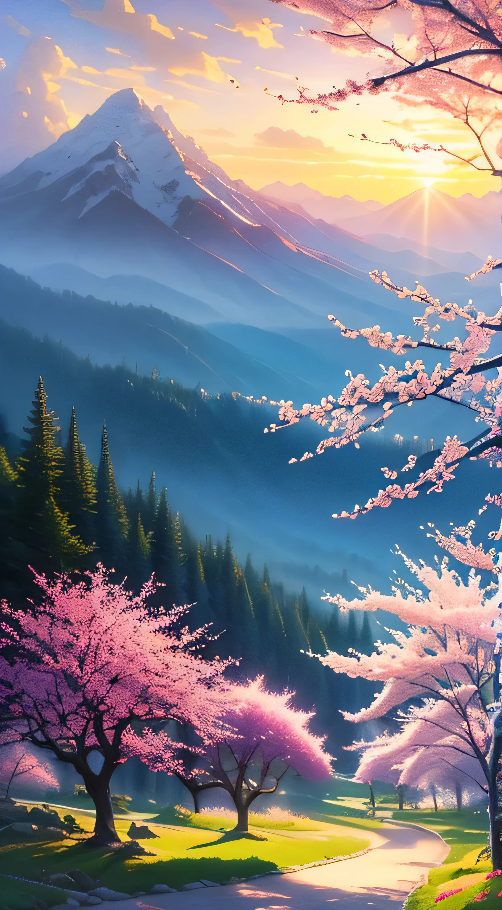 beautiful mountain painting. spring , Moody and meaningful scenes in the style of Thomas Kinkade ,HD 4K , seamless texture, watercolor、cherry blossoms、
