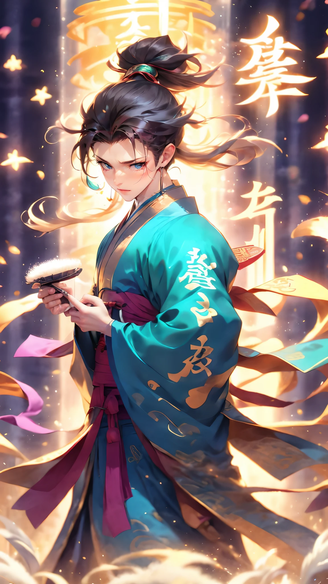 (masterpiece, best quality:1.2),Wen Dao Sheng Zun, black hair,1boy, blue eyes,Energy pairing, chinese clothes,smoke, gradient sky,Multiple light spots,Golden flame,dawn,The couplet behind it,Red Theme,Red Hanfu,Foreground white cloud and mist,Upper body,Handheld bamboo book slips, holding, long sleeves, looking at viewer, magic, male focus, orange background, orange theme, pyrokinesis, smoke, solo, standing, twilight, wide sleeves,Bundled hair,wind
