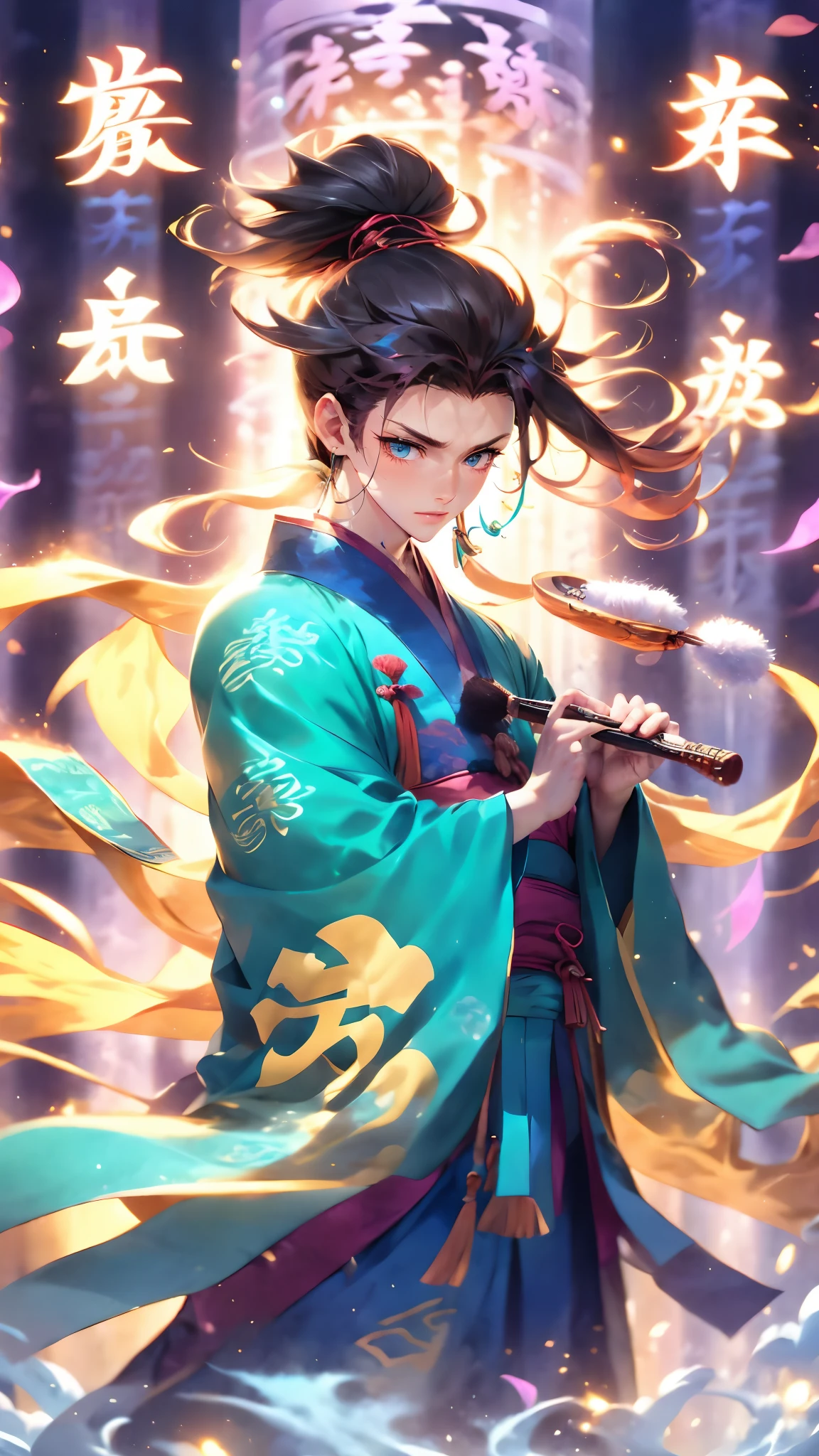 (masterpiece, best quality:1.2),Wen Dao Sheng Zun, black hair,1boy,Multi energy text,Glowing Text,Transparent text,The Energy Behind Chinese Characters, blue eyes,Multiple light spots,smoke,Combat posture,Purple Theme,Blue Hanfu,Hand held metal brush,side,Upper body,dawn, blurry background, hair ornament, holding, long hair, long sleeves, male focus,High ponytail, solo, standing,Bundled hair,wind