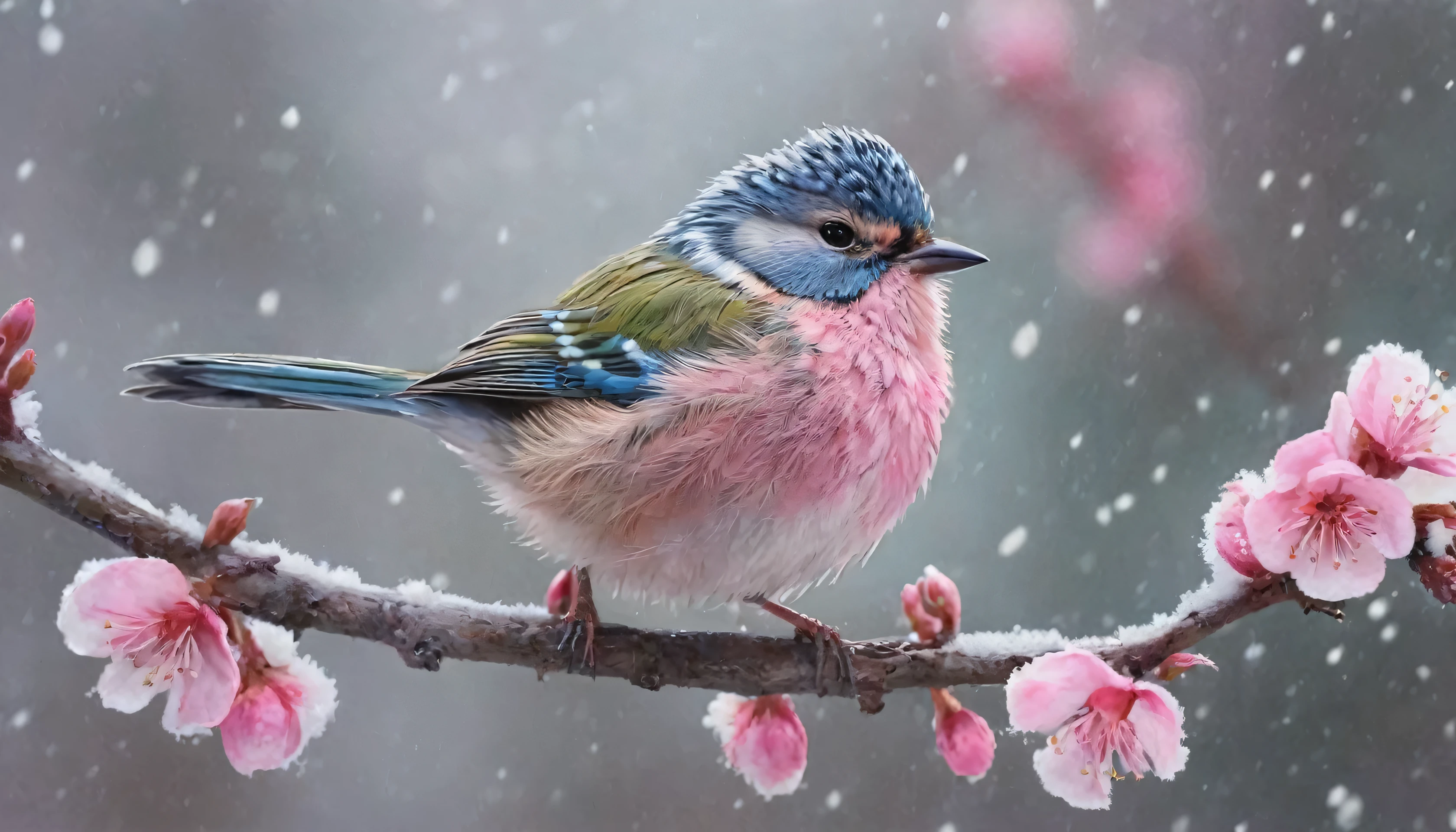 A beautiful hyper-cute, hyper-realistic bird on a branch with pink flowers and snow. small drops of water, brilhando. nascer do sol. Cores pastel. intrinsecamente detalhado, obra de arte, lindo. fotorrealista, imagem bruta