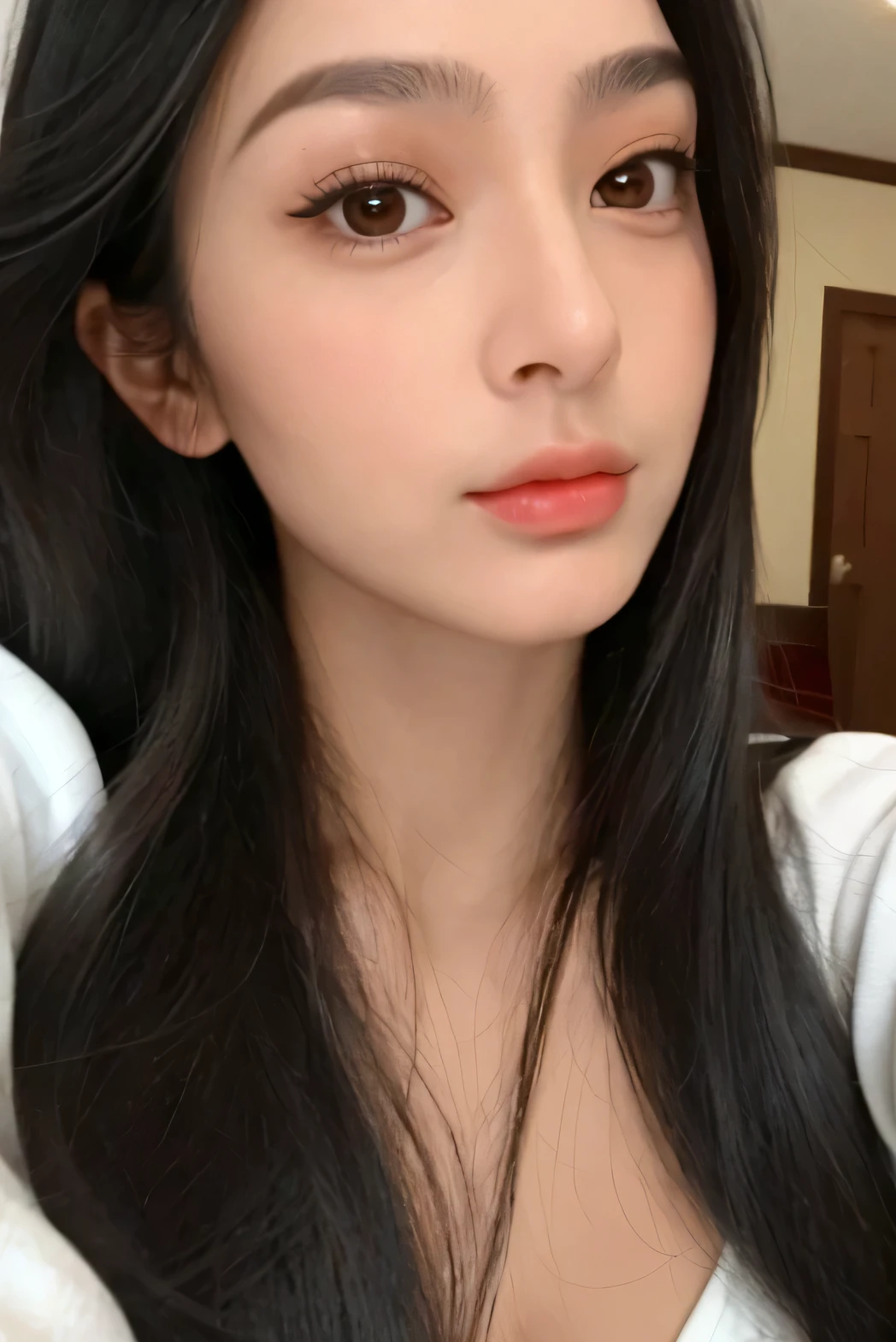 a woman, Long hair close-up selfie,, dark eyes in the room、black hair、 Close your mouth and take a selfie, And when you look at it up close, the size of your eyes is about the same as that of a normal person.