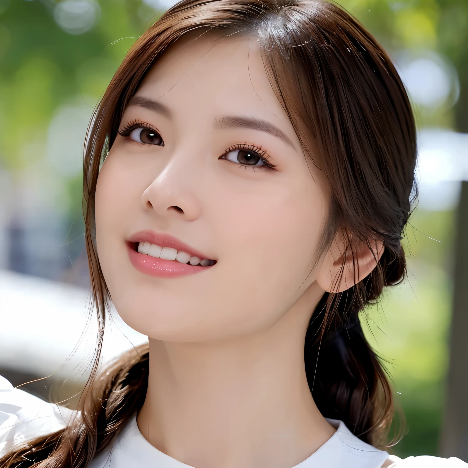 ((highest quality、table top、8k、best image quality、Award-winning work)、one beautiful woman、(Super close-up of just the face:2)、、the biggest smile looking at me、(Beautiful skin that shines very brightly:1.1)、from right in front、Beautiful skin with ultra-high definition gloss and moisture、Beautiful face in super high resolution、Super high resolution sparkling eyes、Super high resolution perfect beautiful teeth、beautiful glossy lips、long eyelashes、ultra high resolution hair、perfect beautiful mascara、beautiful eyeshadow