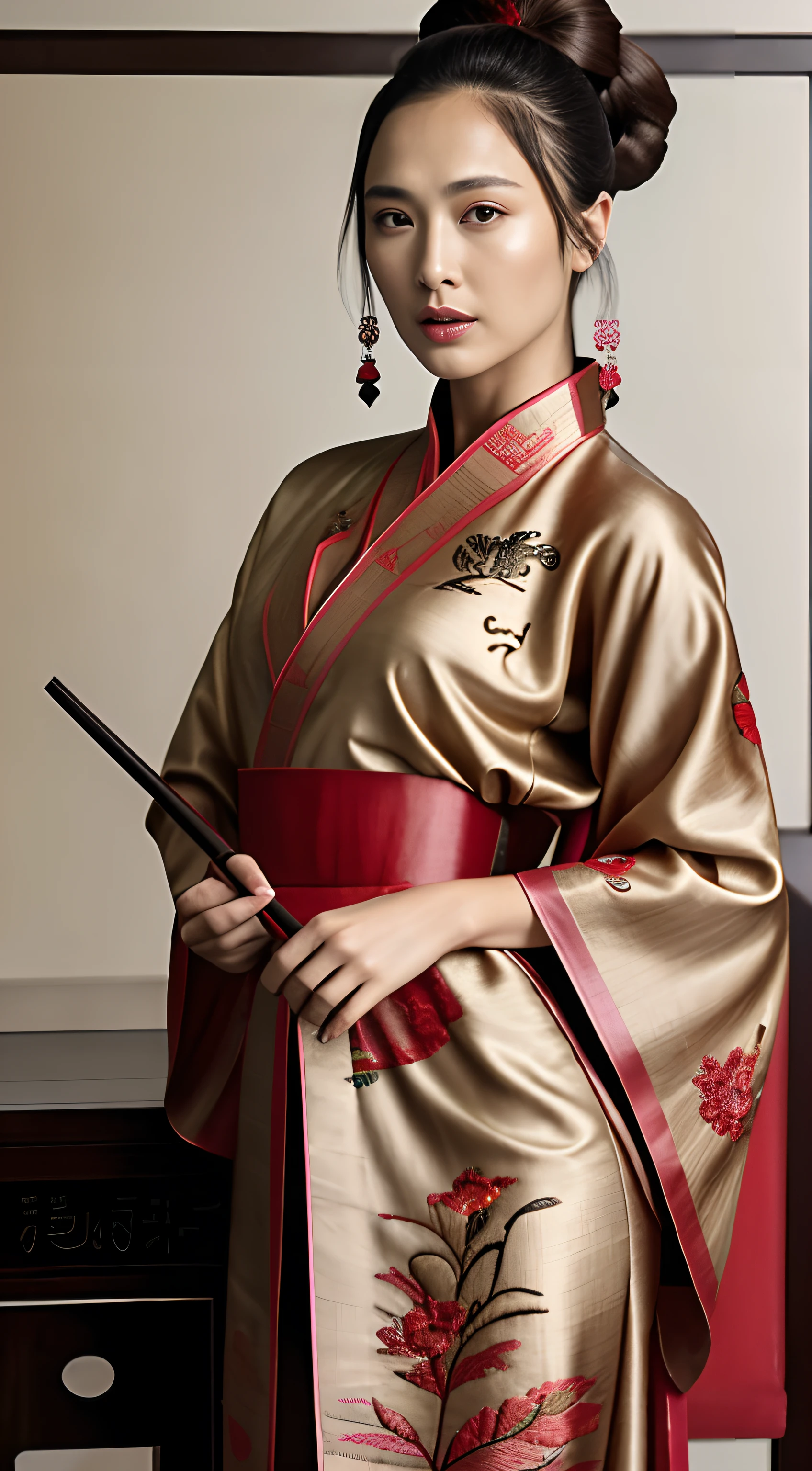 Gal Gadot, Perfect eyes, Beautiful face,pale brown hair, short detailed hair, bobo head, side parted hair,Background of details,Break ,exquisite costumes(Luxury kimono(red kimono(Detailed Embroidery)),Break,Wallpapers 16K,(masutepiece:1.5), (Best quality:1.5),Carrying a bowl of food, Inspired by Cao Zhibai, Inspired by Fenghua Zhong, inspired by Dong Yuan, inspired by Cao Buxing, Inspired by Feng Zhu, Guviz-style artwork, inspired by Chen Hong, inspired by Zhao Mengfu, Beautiful character painting, inspired by Xu Wei,Gal Gadot, Perfect eyes, Beautiful face,pale brown hair, short detailed hair, bobo head, side parted hair,