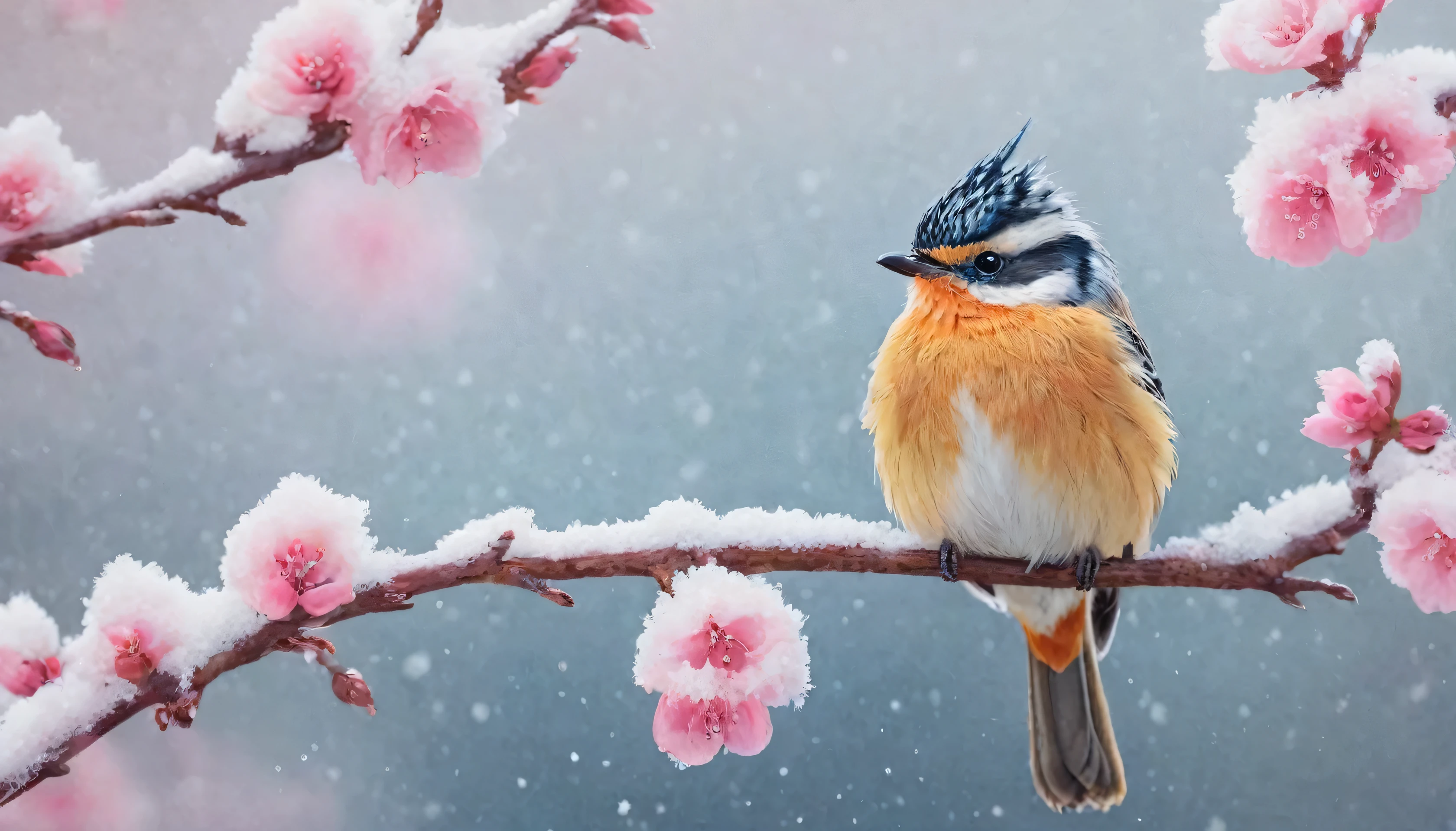 A beautiful hyper-cute, hyper-realistic bird on a branch with pink flowers and snow. small drops of water, brilhando. nascer do sol. Cores pastel. intrinsecamente detalhado, obra de arte, lindo. fotorrealista, imagem bruta