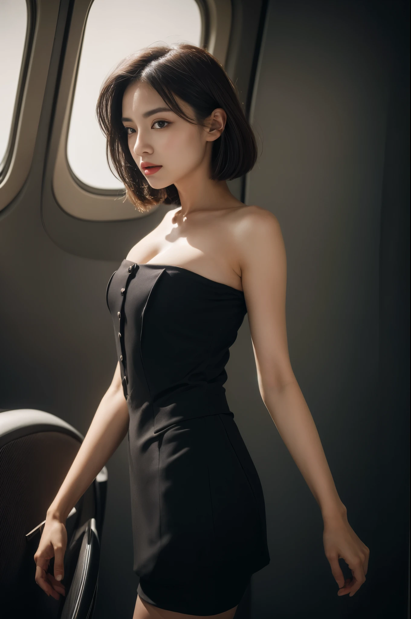 best qualtiy， tmasterpiece， 8K， ultra high resolution，（photorealistic：1.4）， highly  detailed， intricately details， delicateandbeautiful， Good lighting， profesional lighting， tack sharp focus， detailed shadow， Exquisitedetailsandtextures， depth of fields， Unity 8k壁纸， cinematic compositions， cinmatic lighting， offcial art，(From head to thighs)， small medium breasts，(Bandeau black suit:1.5)，(Short straight skirt)，( black pantyhoses)， (Aircraft cabin，Aircraft Corridor， Aircraft seats)， Beautiful and elegant face， Detailed face， detailed eyes，photo-realistic hair，long whitr hair，（1个Giant Breast Girl），Dynamic posture，Look at the audience，
