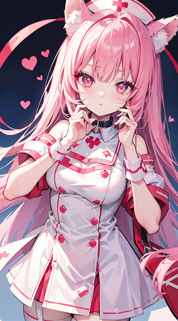 fox ears,a girl,戴white面具,handcuffs,collar,high detail, heart shaped pupils,nurse cap,pink nurse uniform,love students,Off the shoulders,Red Cross,slim girl,highly rendered,Detailed face,white,