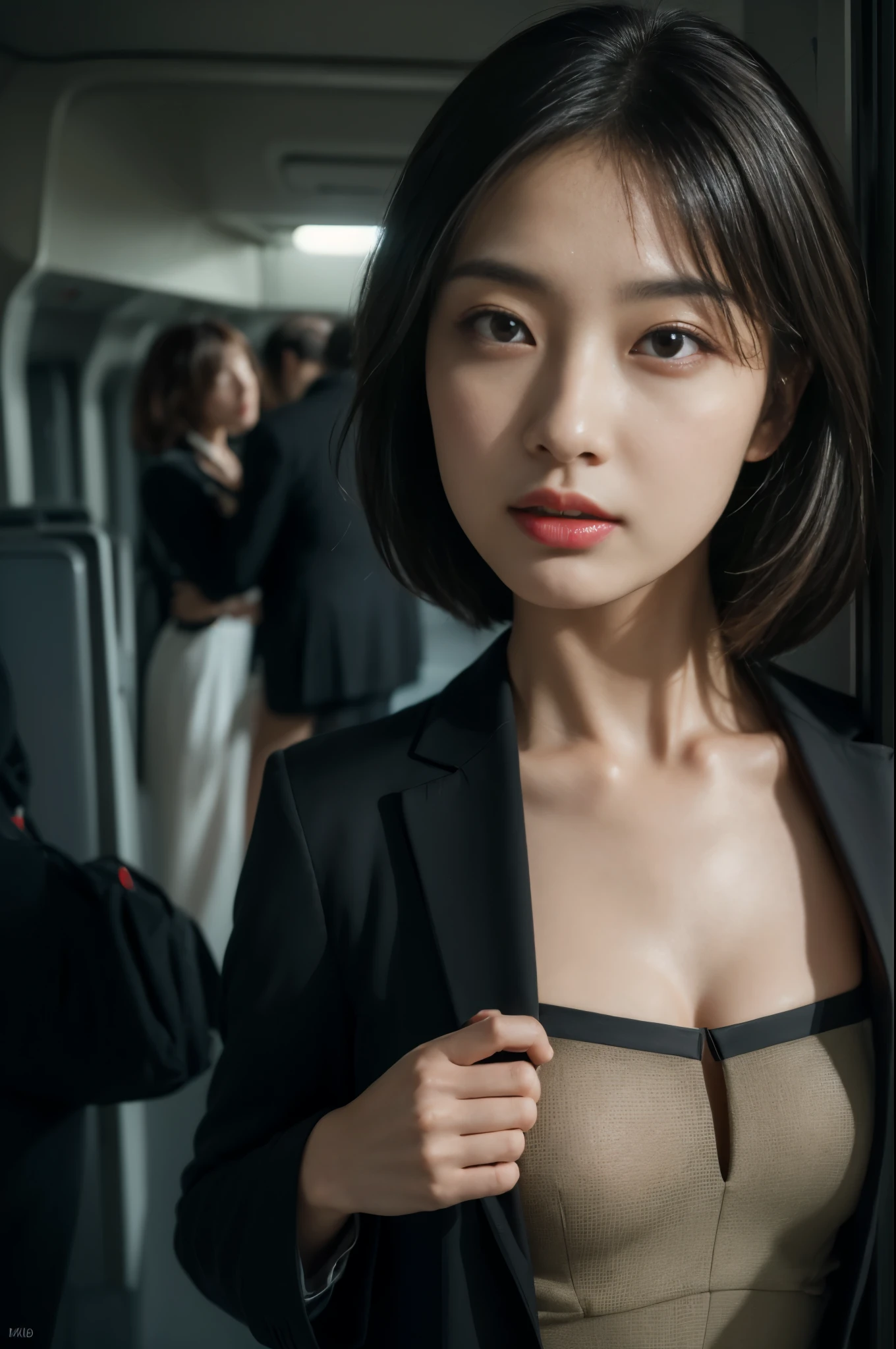 best qualtiy, tmasterpiece, 8K, ultra high resolution,(photorealistic:1.4), highly detailed, intricately details, delicateandbeautiful, Good lighting, profesional lighting, tack sharp focus, detailed shadow, Exquisitedetailsandtextures, depth of fields, Unity 8k壁纸, cinematic compositions, cinmatic lighting, offcial art,(From head to thighs), small medium breasts,(Bandeau black suit:1.5),(Short straight skirt),( black pantyhoses), (Aircraft cabin,Aircraft Corridor, Aircraft seats), Beautiful and elegant face, Detailed face, detailed eyes,photo-realistic hair,long whitr hair,(1个Giant Breast Girl),Dynamic posture,Look at the audience,