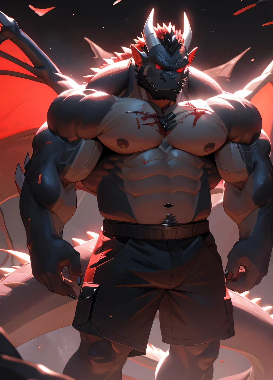 Dragon Orc，Dark skin all over the body，Naked torso，Wearing a pair of shorts on the lower body，The whole body is made of strong muscles，There is a pair of huge dragon wings on the back，blood red eyes，There is blood on him，Looks violent，Bodies scattered everywhere。