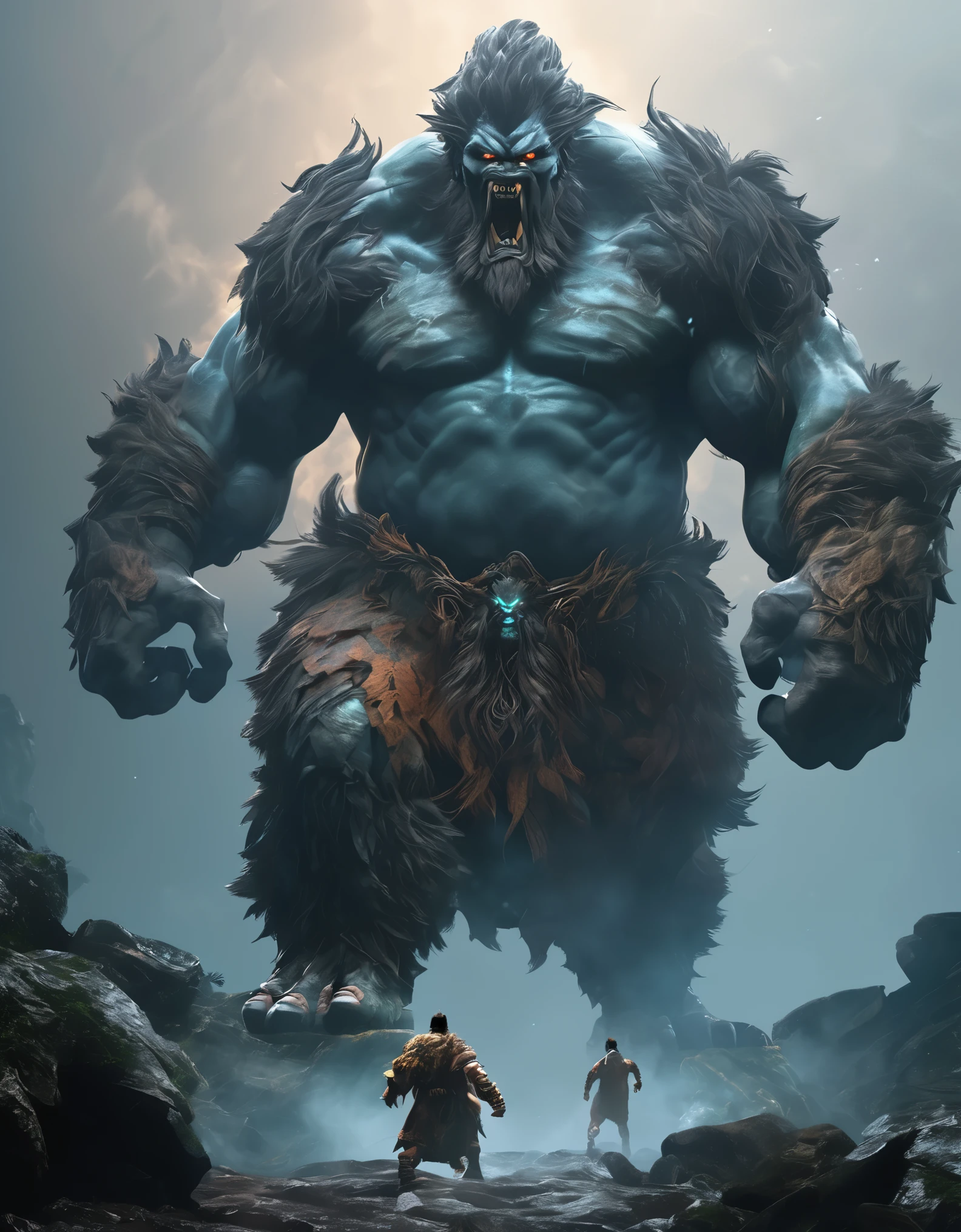 masterpiece,Super cool magical creatures,((hill giant)),roar,Violent and cruel,Tall and mighty,petrified skin,thick limbs,在丛林中穿梭fighting,fighting,Random light and shadow,Glowing special effects,minimalist style,mist,(full body portrait:1.4),European and American fantasy style,Perfect,,highlight,bright colorful shades,Ink background,OC renderer,best picture quality,high resolution,dynamic perspective