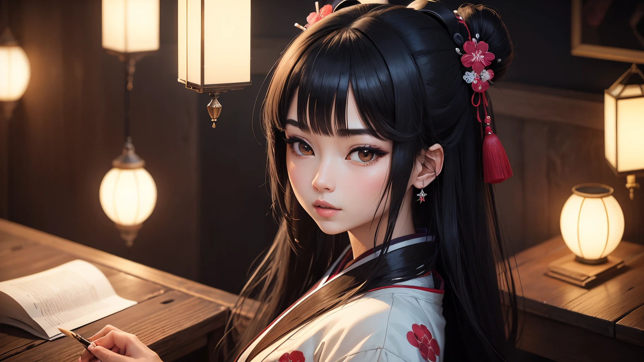 Sharaku,portrait of a woman,located in the center of the image, Some Japanese effects and decorations are sprinkled throughout the photo、night、Home、long black hair、princess cut、have a brush、ink、writing