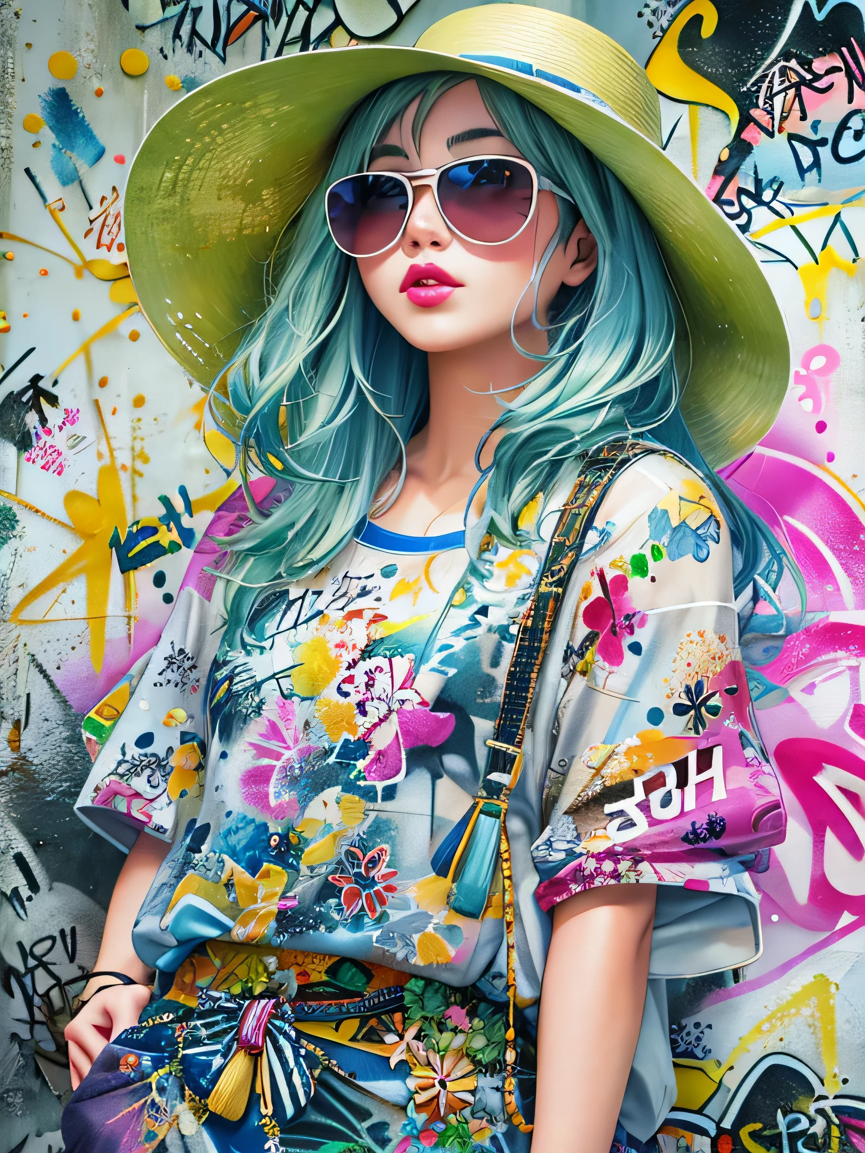 8K quality, watercolor painting, stylish design, (((The strongest beautiful girl of all time))), (((Japanese)))、Idol、clear, Stylish sunglasses, Fashionable hats, (((highest quality))), bob hair, HDR, ((Detailed details)), stylish fashion, detailed clothing texture, (((graffiti art))), colorful hair, ((masterpiece))、((Super detailed))