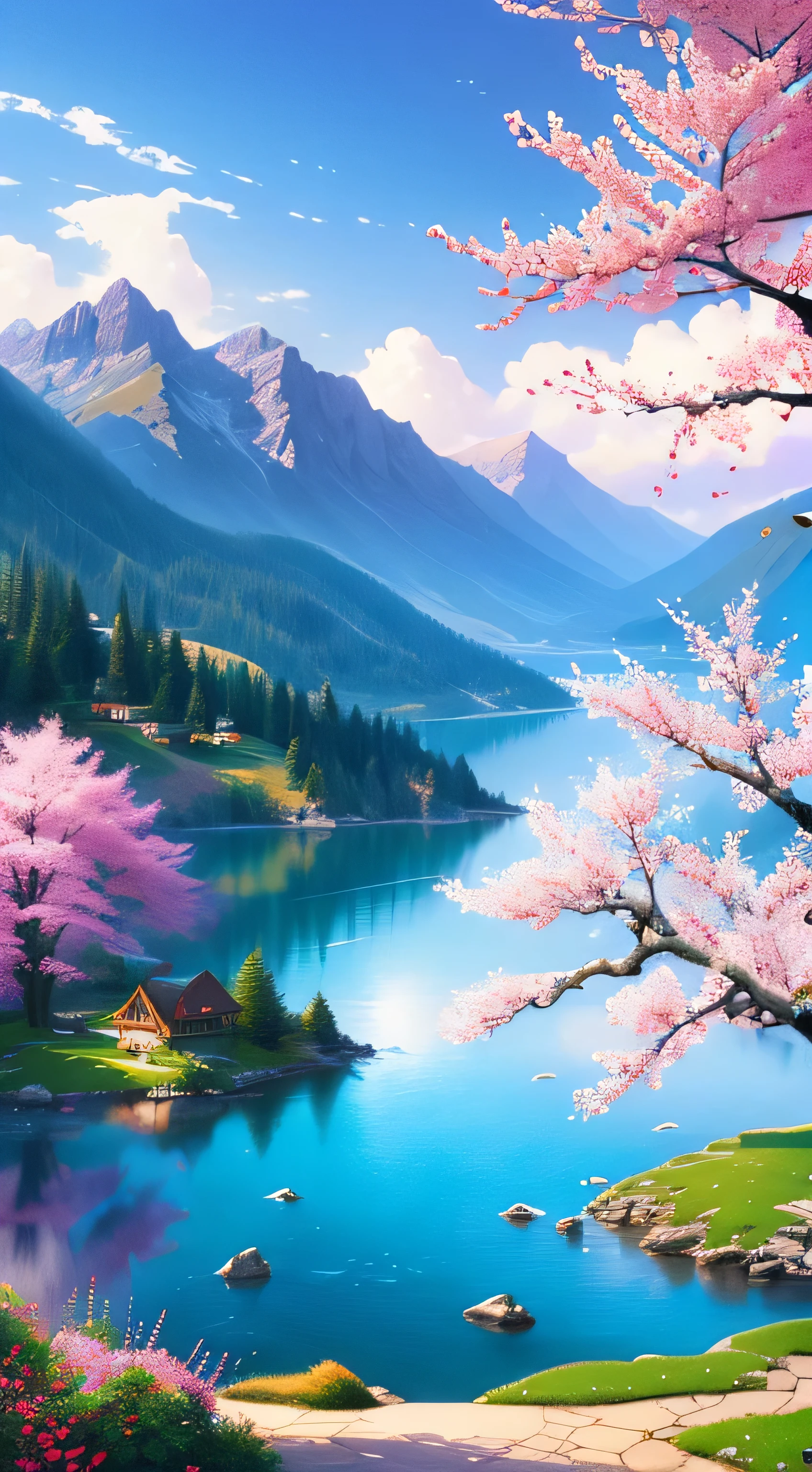 beautiful mountain painting. spring , Moody and meaningful scenes in the style of Thomas Kinkade ,HD 4K , seamless texture, watercolor、cherry blossoms、