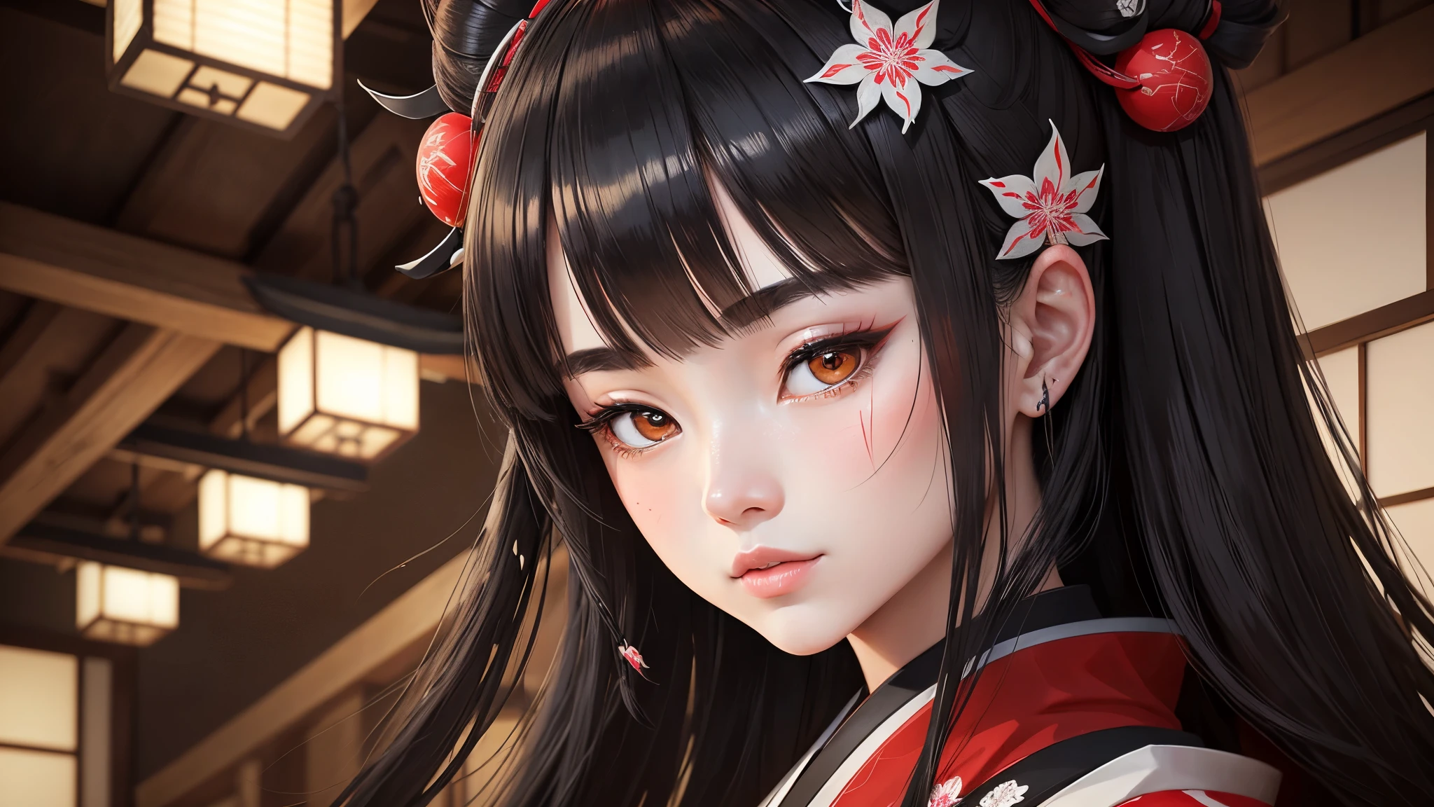 Sharaku,portrait of a woman,located in the center of the image, Some Japanese effects and decorations are sprinkled throughout the photo、night、Home、long black hair、princess cut、have a brush、Doing calligraphy