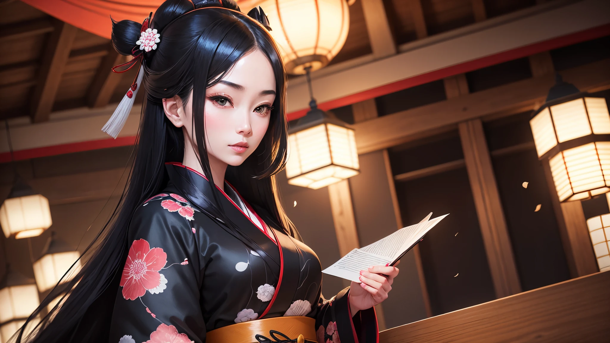 (A hyper-realistic)、(illustratio)、(hight resolution)、(8K)、(ighly detailed)、(Best Illustration)、(beautifully detailed eyes)、(top-quality)、(ultra-detailliert)、(masterpiece)、(wall-paper)、(A detailed face)、1 polar wife、view front、fine detailed、A detailed face、bangss、Beautiful breasts、(top-quality、8K、32K、masterpiece)、Long Black Hair、beauty breast、(Floral kimono in detailed black tones:1.5)、cleavage of the breast、Stick out your left shoulder、(Detailed bandage bra:1.1)、Stick out your left breast、Beautiful flower tattoo on upper left body、(Random Posing:1.8)、Dignified smile、