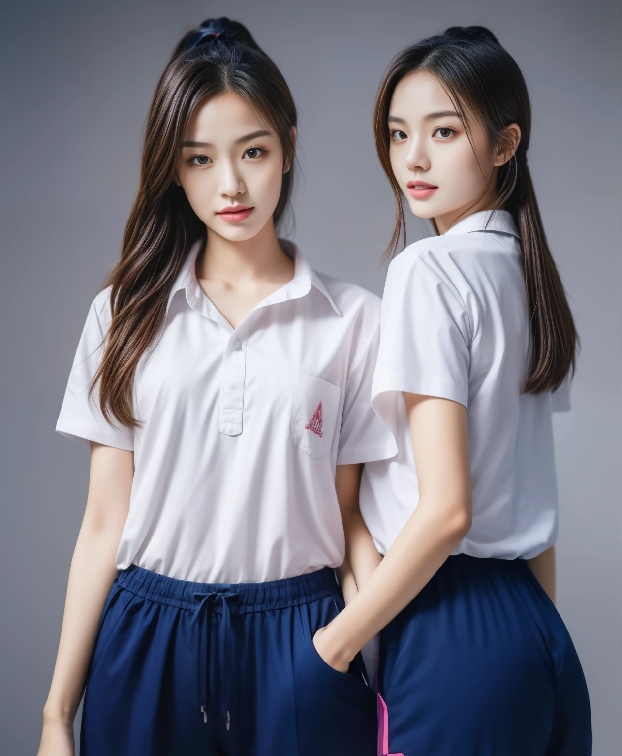 (best quality,10,10,height,Masterpiece:1.2),Special details,(realistic,ภาพrealistic,Realistic photos:1.37),1 Cute girl in the kitchen,shiny, ผิวshiny,only,smile softly,BDclothelue shirt:1.3)),short sleeve,shirt, กางเกงขาlong.,(navy_long_track pants:1.1), ((Kitchen Background)),Dynamic angle,excited,Face focus,dynamic poses,from behind,focus on ass,Masterpiece, best quality, ultra realistic, hyper-detail, 8K resolution, raw photos, Sharp focus, ((Navy blue shirt:1.1)), short sleeve, เส้นทางlong, perfect body, 2 mature women, 18 years old, Cinema-grade lighting system,blue sweatpants,shirtผ้าออกกำลังกาย,correct anatomy,perfect body, correct body, Sharp face, correct bodyทางกายวิภาค, full body, realistic gestures, long-haired, realistic poses,Wear long shorts...........................,ช่วงขาlong,Good shape,carved girl, Slender figure, model, Good shape, beautiful body,blue sweatpants, two girls kissing