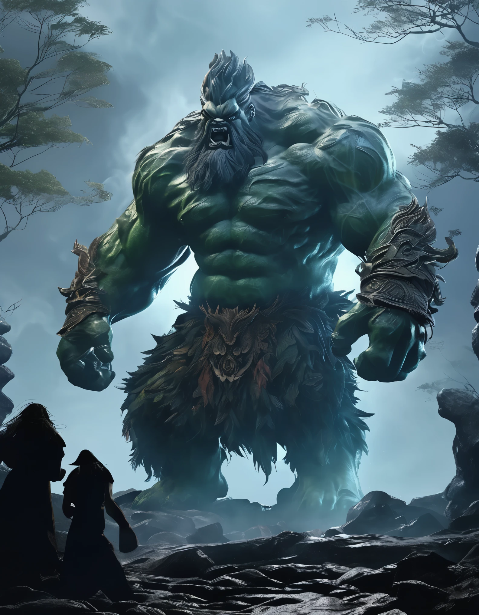 masterpiece,Super cool magical creatures,((hill giant)),roar,Violent and cruel,Tall and mighty,((petrified skin)),thick limbs,在丛林中穿梭fighting,fighting,Random light and shadow,Glowing special effects,minimalist style,mist,(full body portrait:1.4),European and American fantasy style,Perfect,,highlight,bright colorful shades,Ink background,OC renderer,best picture quality,high resolution,dynamic perspective