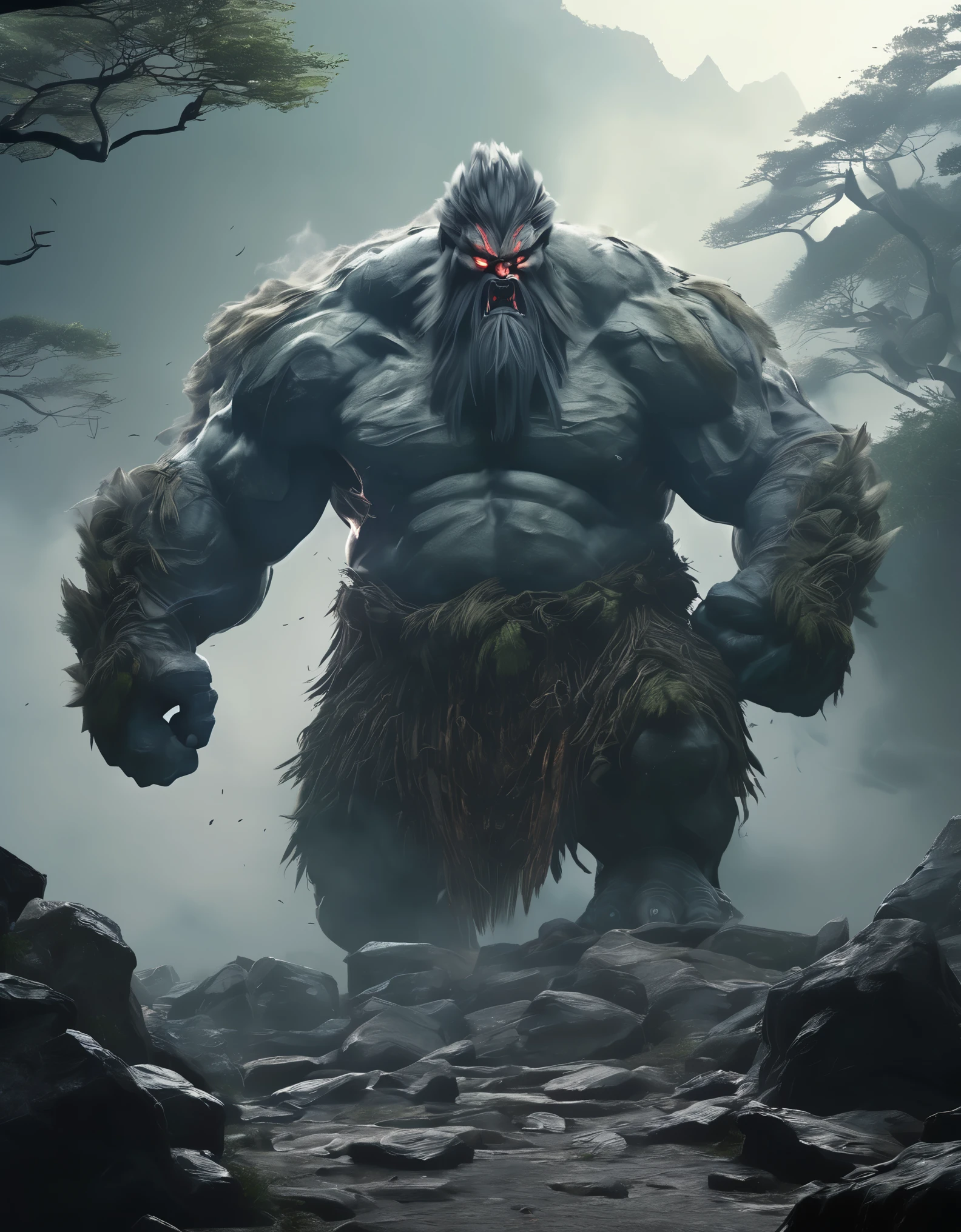 masterpiece,Super cool magical creatures,((hill giant)),roar,Violent and cruel,Tall and mighty,((petrified skin)),thick limbs,在丛林中穿梭fighting,fighting,Random light and shadow,Glowing special effects,minimalist style,mist,(full body portrait:1.4),European and American fantasy style,Perfect,,highlight,bright colorful shades,Ink background,OC renderer,best picture quality,high resolution,dynamic perspective