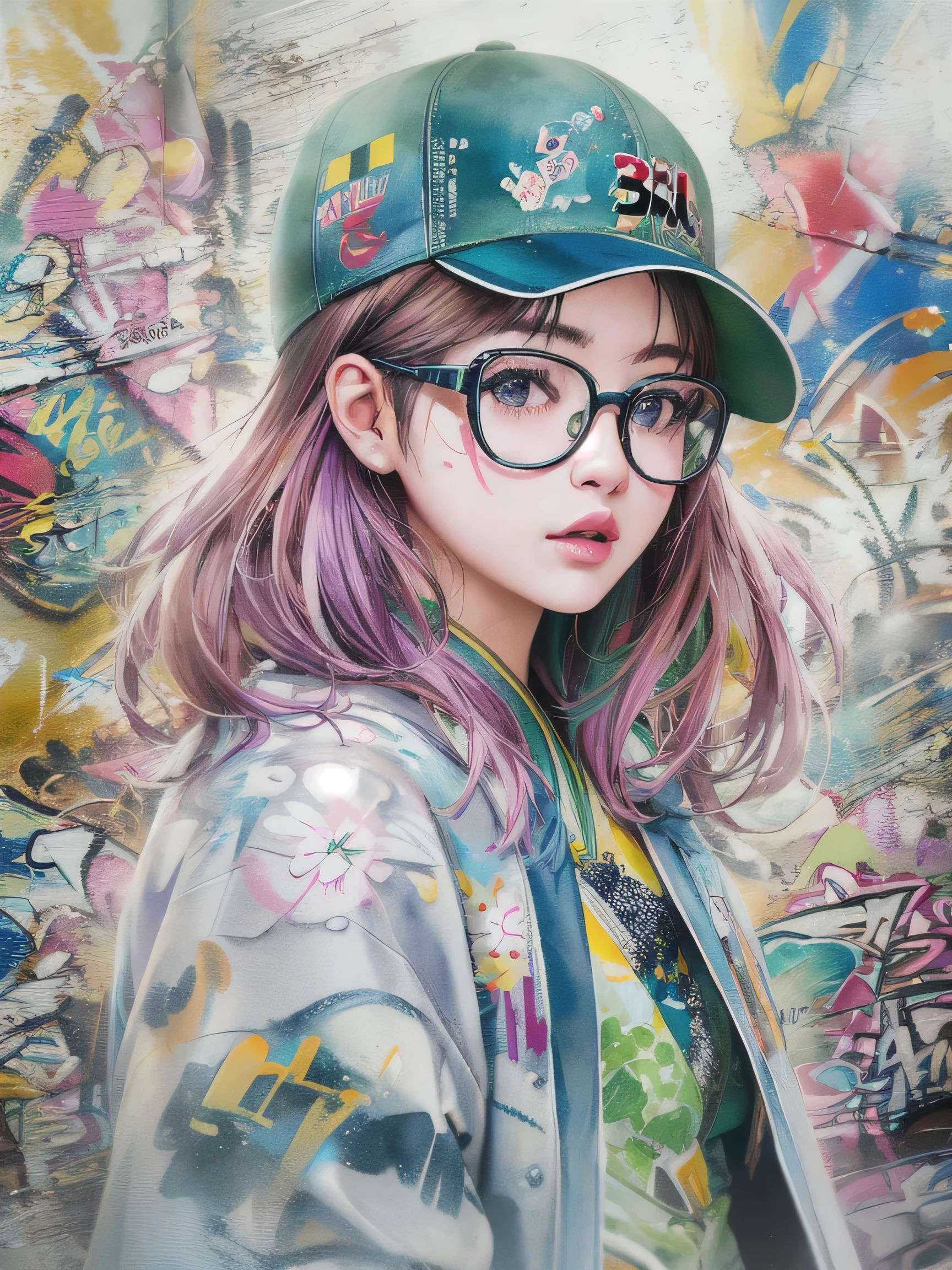 8K quality, watercolor painting, stylish design, (((The strongest beautiful girl of all time))), (((Japanese)))、Idol、AKB48, stylish glasses, Fashionable hats, (((highest quality))), bob hair, HDR, ((Detailed details)), stylish fashion, detailed clothing texture, (((graffiti art))), colorful hair, ((masterpiece))、((Super detailed))
