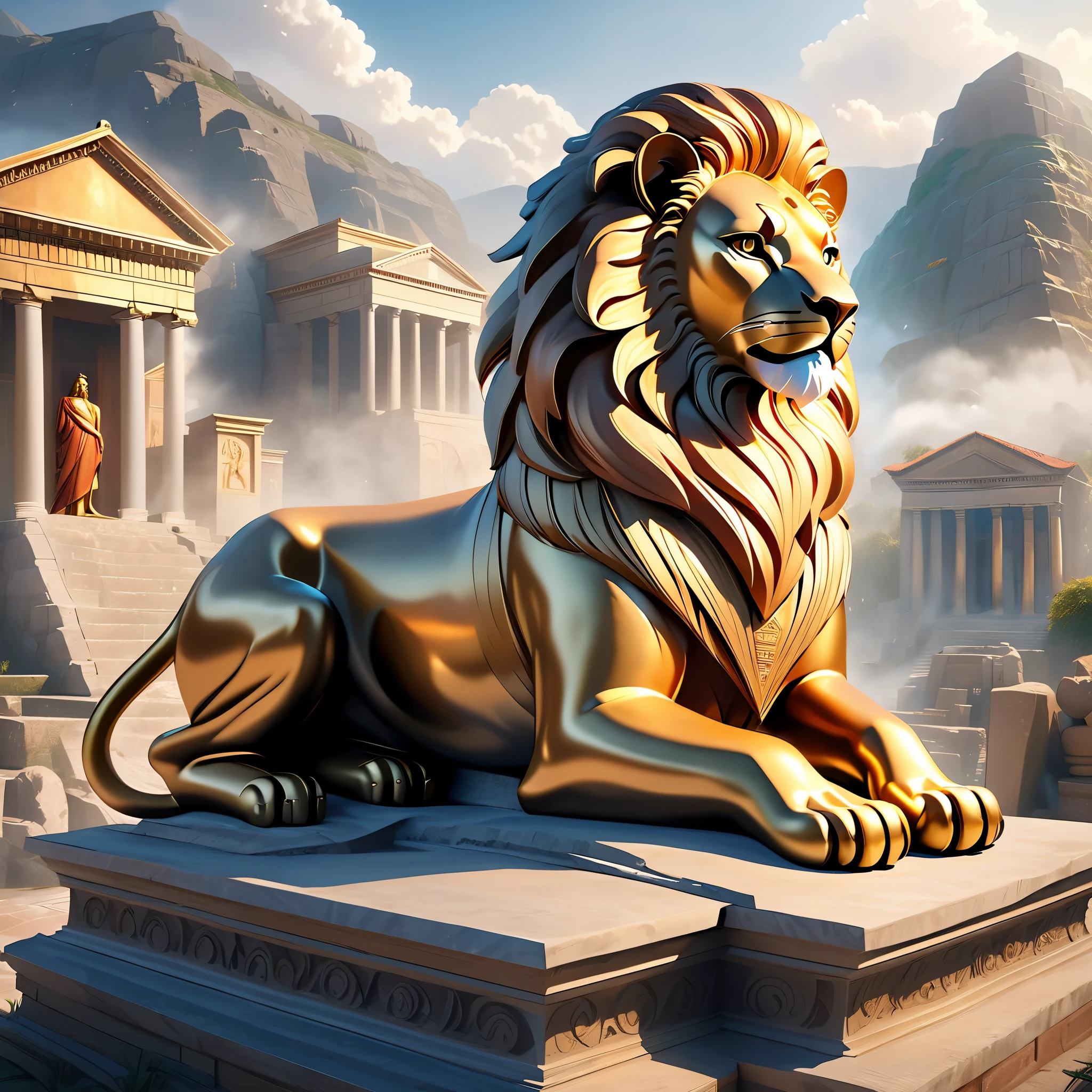 A sphinx, mythical creature, lion body with human head, sitting on a stone, with a mysterious expression, surrounded by an ancient Greek city, old buildings, enveloped in mist. (best quality,4k,8k,highres,masterpiece:1.2), ultra-detailed, (realistic,photorealistic,photo-realistic:1.37), portraits, HDR, studio lighting, physically-based rendering, extreme detail description, professional, vivid colors, bokeh, ancient art style, warm color tones, mystical lighting.