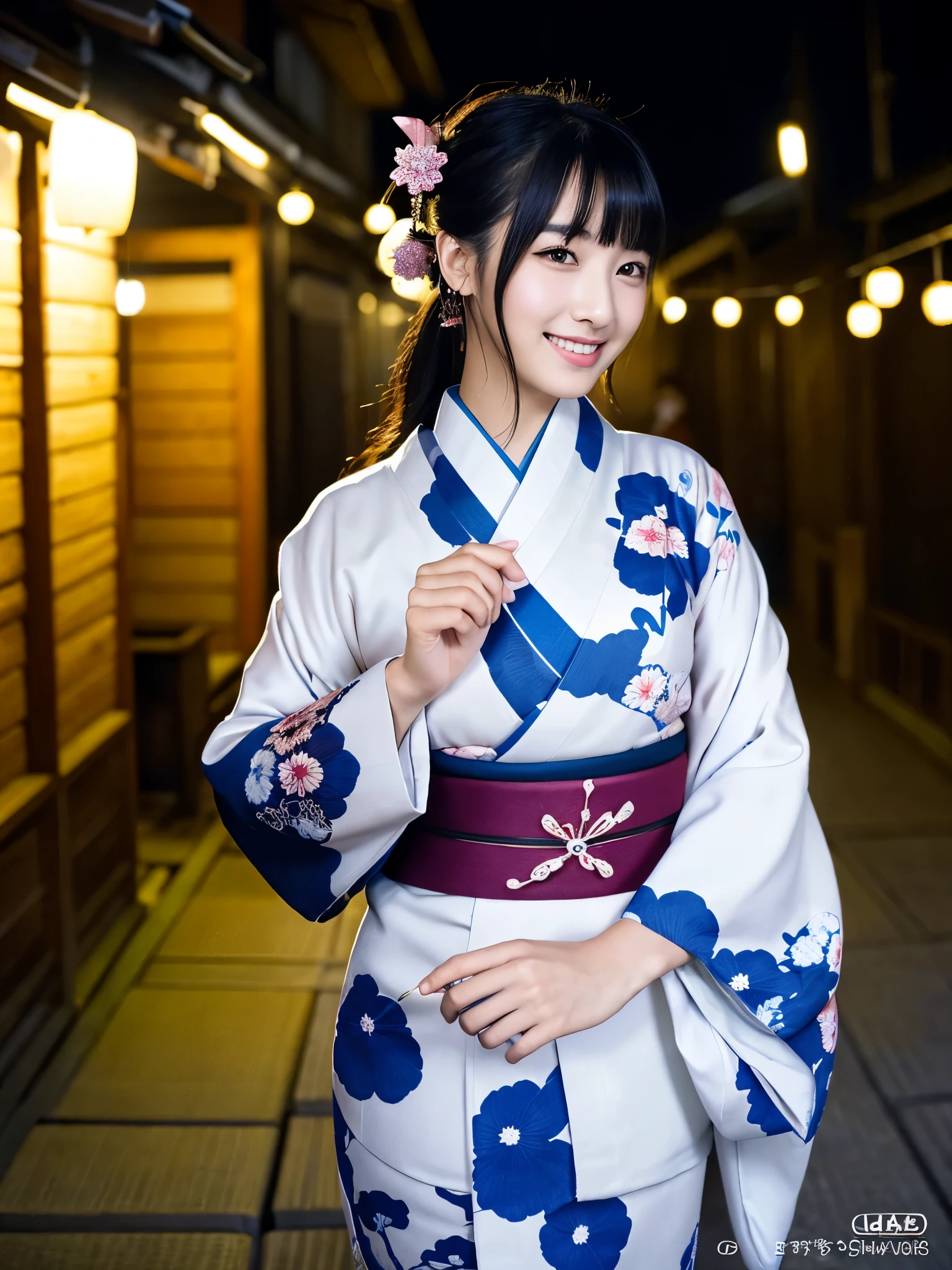 (8k、Raw photo、highest quality、masterpiece:1.2)、super detailed、超A high resolution、(realistic、photo realistic:1.37)、Portrait、High-definition RAW color photos、professional photos、very delicate and beautiful、very detailed、 8K Wallpaper Gunifica、finely、huge file size、official art、very detailed CG Unity 8K 壁紙、very detailed美しい女の子、very detailed顔、very detailedeye、very detailed肌、very fine fingers、very detailed鼻、very detailed口、perfect anatomy、very detailed背景、very detailed衣装、1 girl、(18-year-old:1.2)、10 generations、cute、famous japanese idol、cute、(:1.2)、realistic body、、pure white skin、shiny skin、slender body、good style、black haired、hair collection、(bangs:1.2)、laughter、cute、young、cute faces、lifelike face、美しいeye、ordering sauce、(kimono:1.4)、intricate embroidery、earrings、(hair ornaments:1.2)、eye、cowboy shot、frontage、standing athletic pose、contrapo、outside the house、(night:1.4)、Japanese style、Kyoto、dynamic lighting、valley、