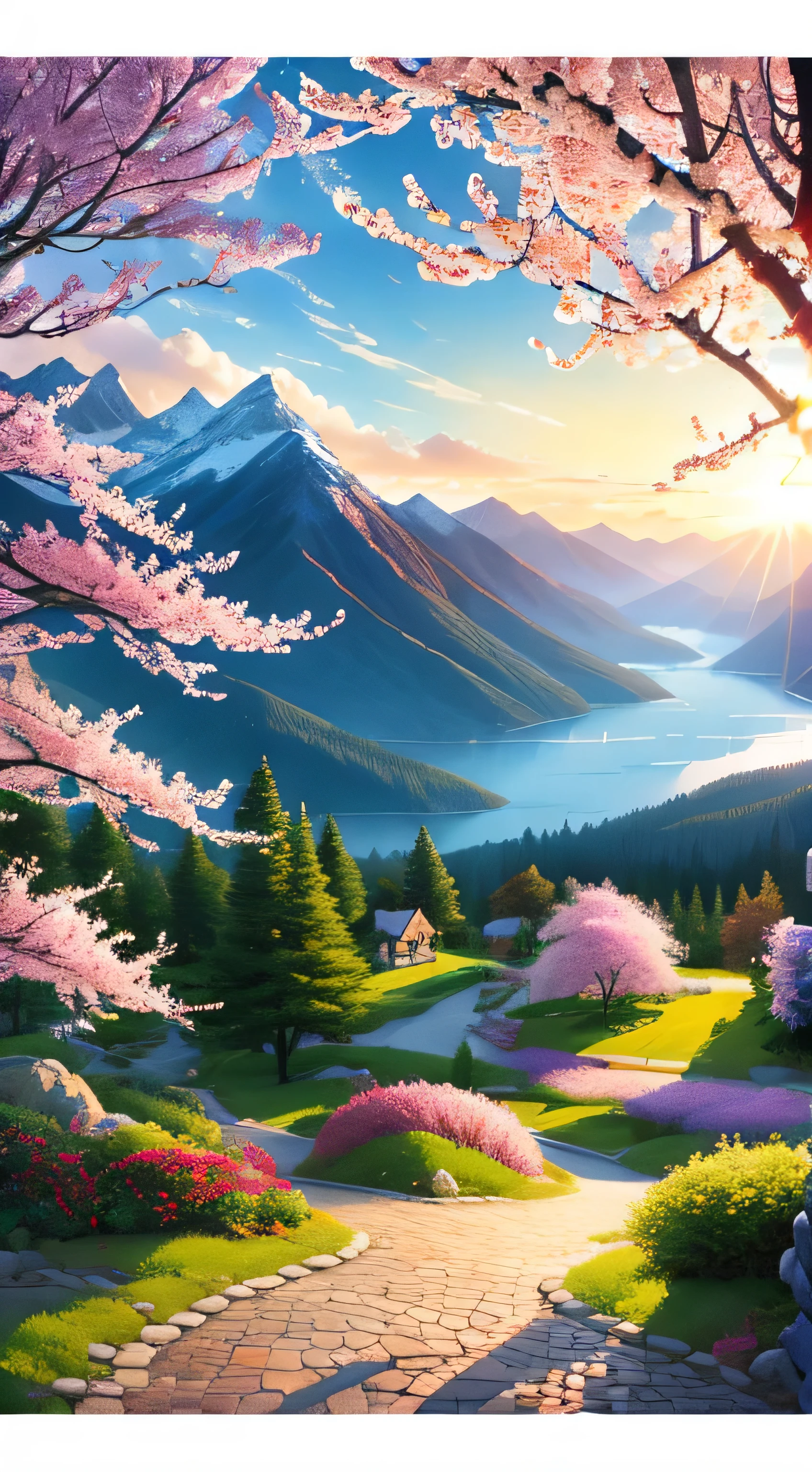 beautiful mountain painting. spring , Moody and meaningful scenes in the style of Thomas Kinkade ,HD 4K , seamless texture, watercolor、cherry blossoms、