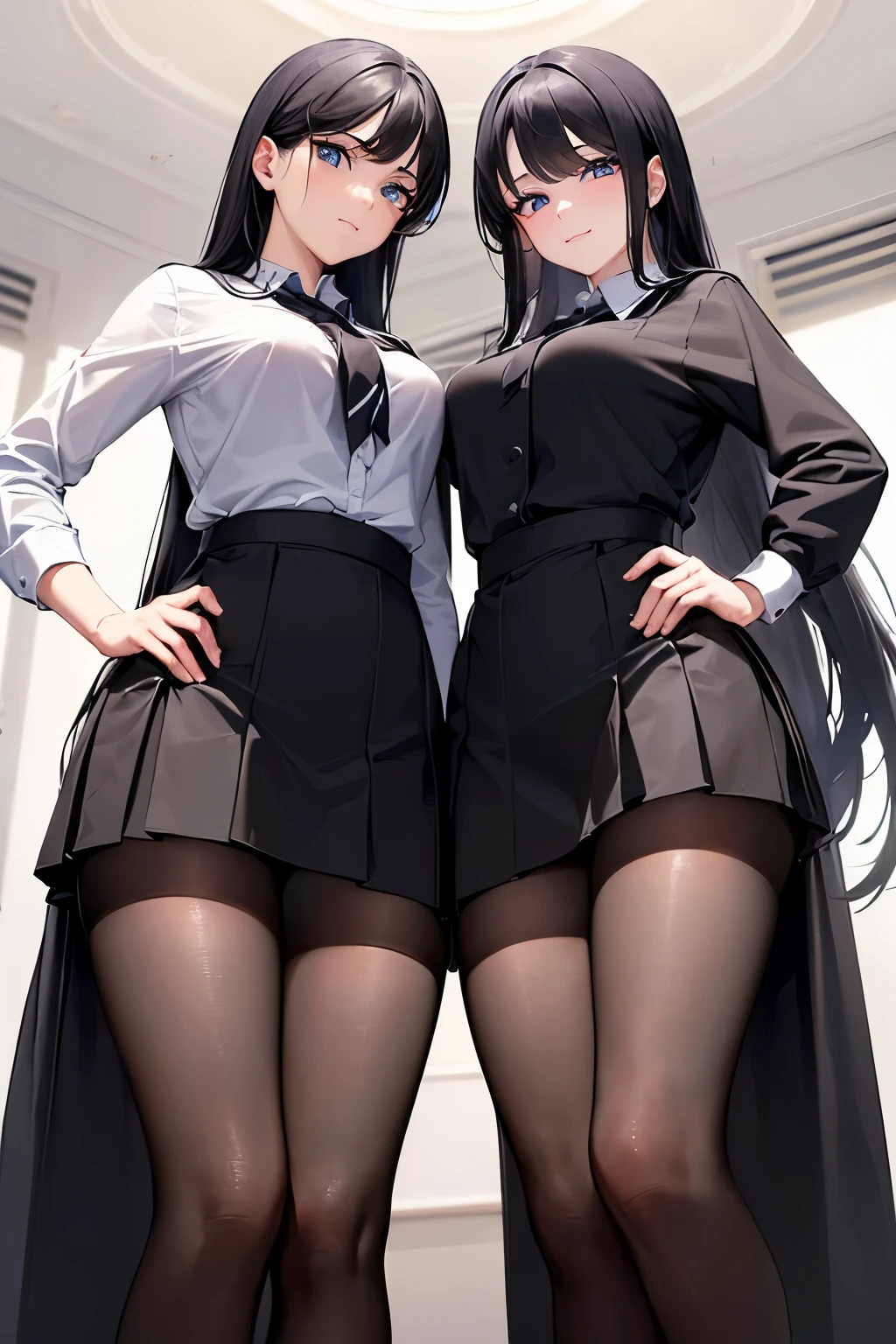 ((8k)), ((masterpiece)), ((perfect face)), ((expressive eyes)), (((two women with long black hair in school uniforms standing side by side))), ((tights)), ((expensive)), (((from below)), ((looking at the viewer)), ((slight smile)), ((realistic lighting)), bangs, ((black hair))