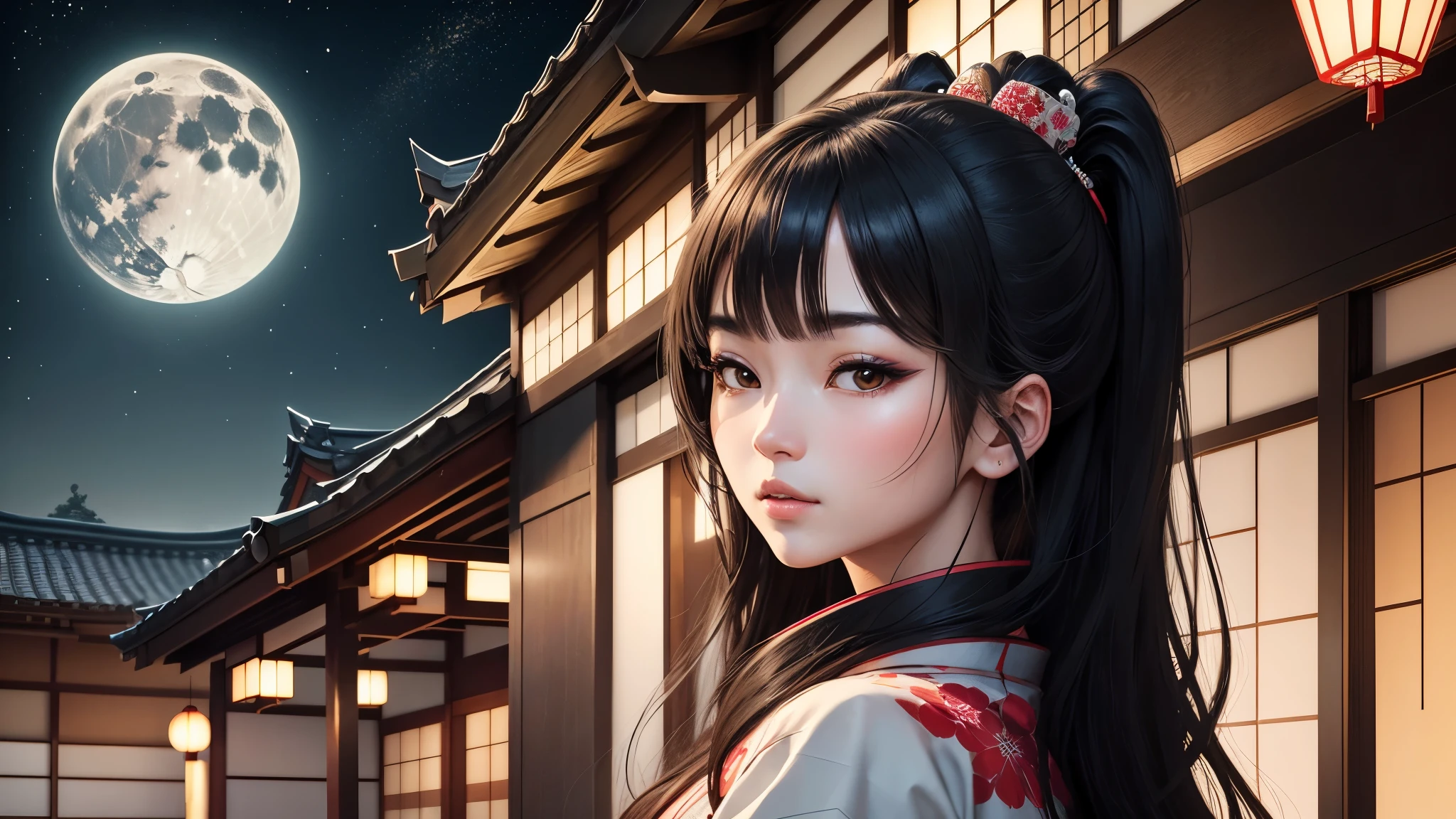 Sharaku,portrait of a woman,located in the center of the image, Some Japanese effects and decorations are sprinkled throughout the photo、night、Home、verandah、moon、sitting、long black hair、princess cut
