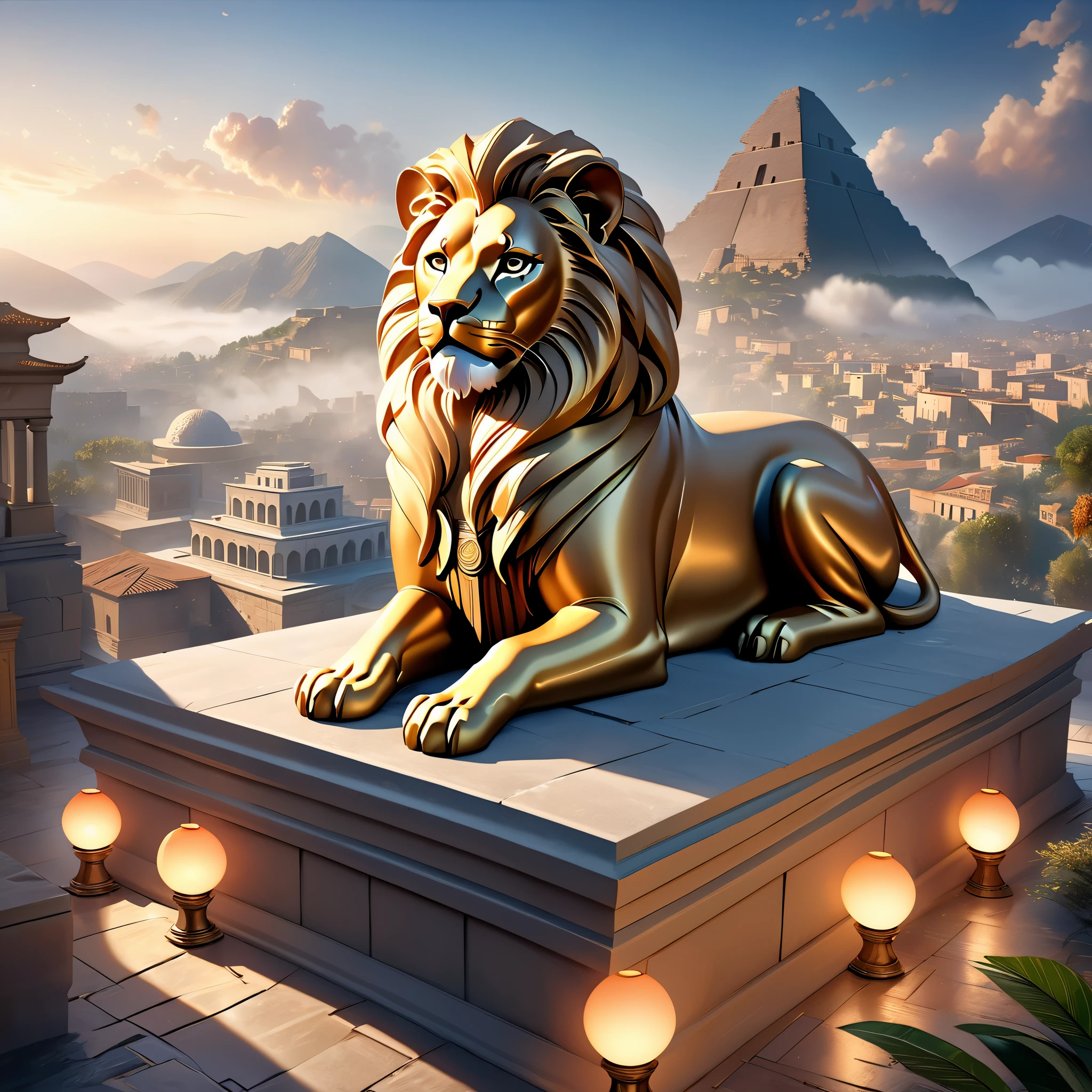 A sphinx, mythical creature, lion body with human head, sitting on a stone, with a mysterious expression, surrounded by an ancient Greek city, old buildings, enveloped in mist. (best quality,4k,8k,highres,masterpiece:1.2), ultra-detailed, (realistic,photorealistic,photo-realistic:1.37), portraits, HDR, studio lighting, physically-based rendering, extreme detail description, professional, vivid colors, bokeh, ancient art style, warm color tones, mystical lighting.