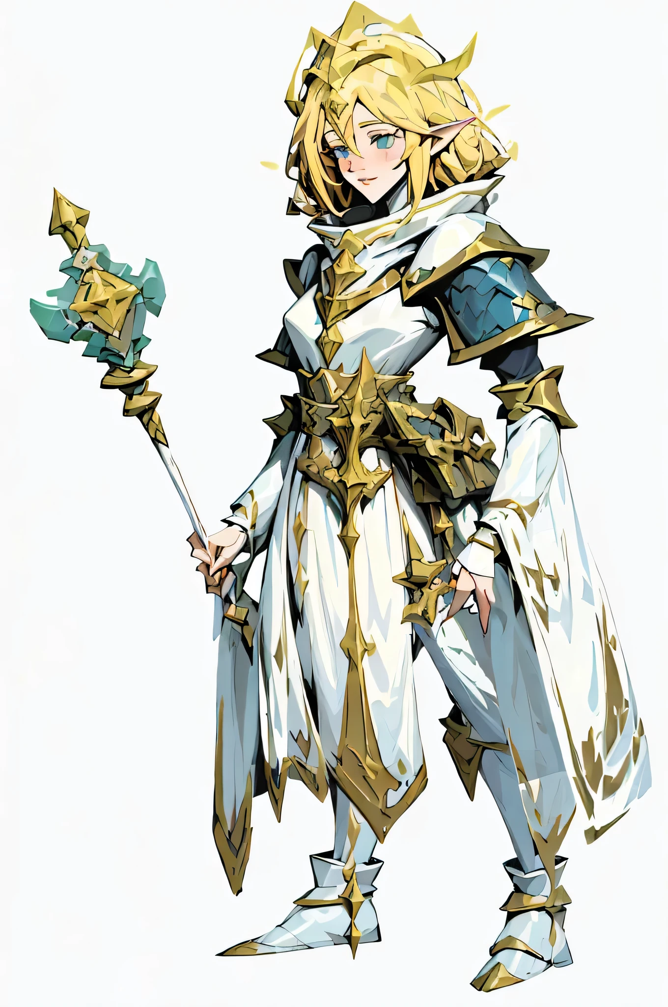 one in white and gold、Cartoon image of woman holding a stick, female Priest, pretty female Priest, Priest, dressed like a Priest, female mage, female mage!, Epic Mage Girl Character, female earth mage, witch, portrait of a female mage, Paladin, heavy white and gold armor, picture of Paladin, final fantasy tactical characters，less representation，flat，robe，Fingers intact