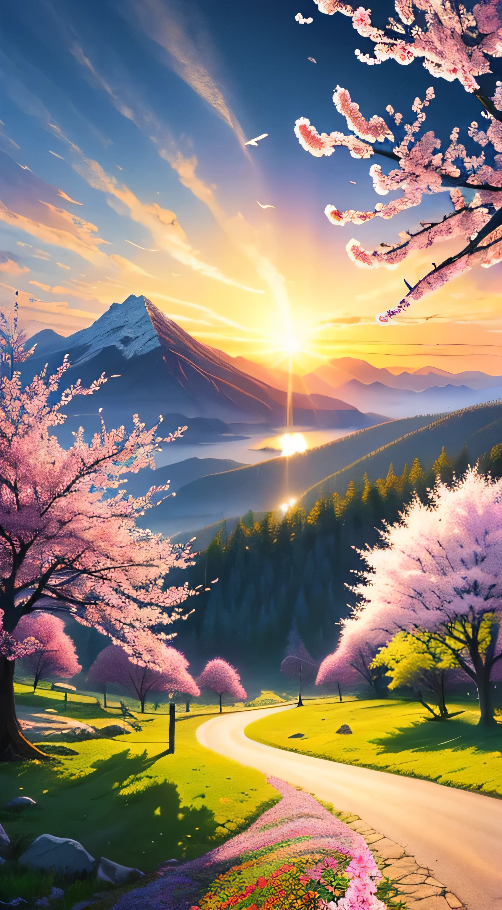 beautiful mountain painting. spring , Moody and meaningful scenes in the style of Thomas Kinkade ,HD 4K , seamless texture, watercolor、cherry blossoms、