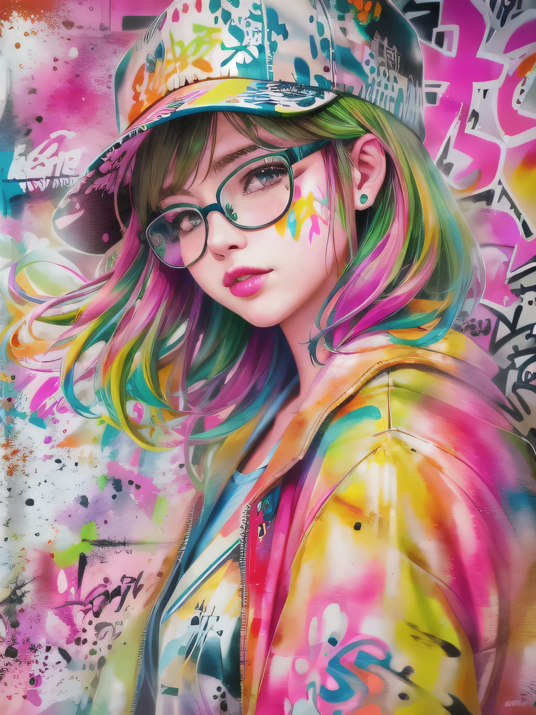 8K quality, watercolor painting, stylish design, (((The strongest beautiful girl of all time))), (((Japanese)))、Idol、AKB48, lips in love、stylish glasses, Fashionable hats, (((highest quality))), bob hair, HDR, ((Detailed details)), stylish fashion, detailed clothing texture, (((graffiti art))), colorful hair, ((masterpiece))、((Super detailed))