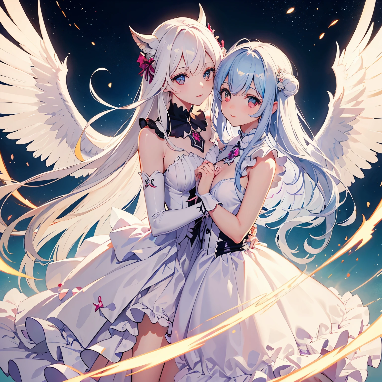beautiful illustration, Mejor calidad, linda mujer angel, (transformation sequence), transform magical girl, chibi, white magical girl, fractal art, albino, cara de demonio, pelo largo de malla blanca y roja pura, hermosos ojos rojos detallados, cinematic lighting, tiro de vaquero, Mirando al espectador, desde la parte inferior, feliz