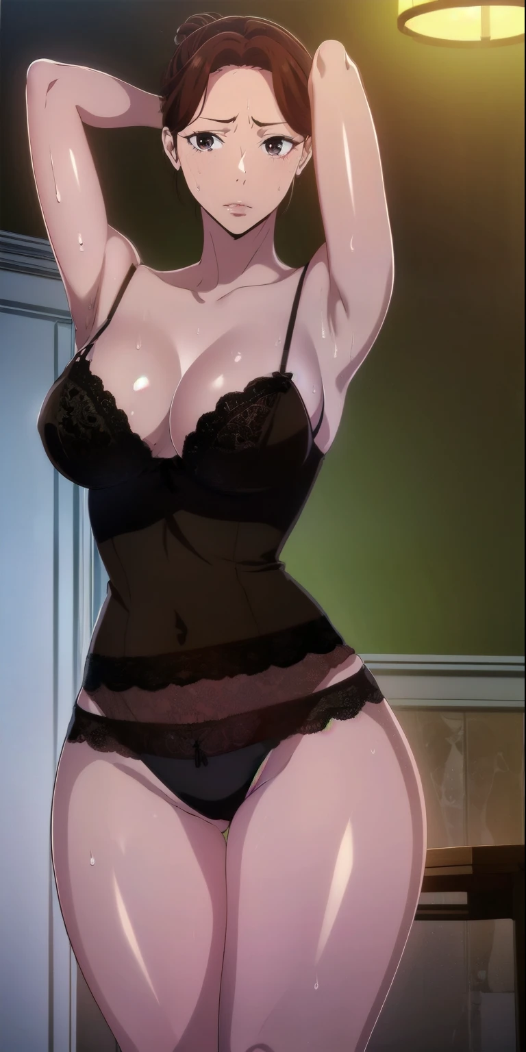 (masterpiece, best quality, high resolution, animescreencap, anime colored,), (perfect anatomy, beautiful detailed eyes, beautiful detailed body, beautiful breast, shiny skin), a sexy mature anime lady standing, ((black panties,lace trim,lingerie,lace trim legwear,black lace)), shiny thighs, looking at viewer, ((brown eyes)), single hair bun, side bangs, medium breasts, medium chest, indoors, room, lampshade, mini table, ((sweaty body)), wet skin, show both armpits, arms behind head, sweaty armpits, slim waist, dynamic pose, erotic pose, shiny legs, ((wet armpits)