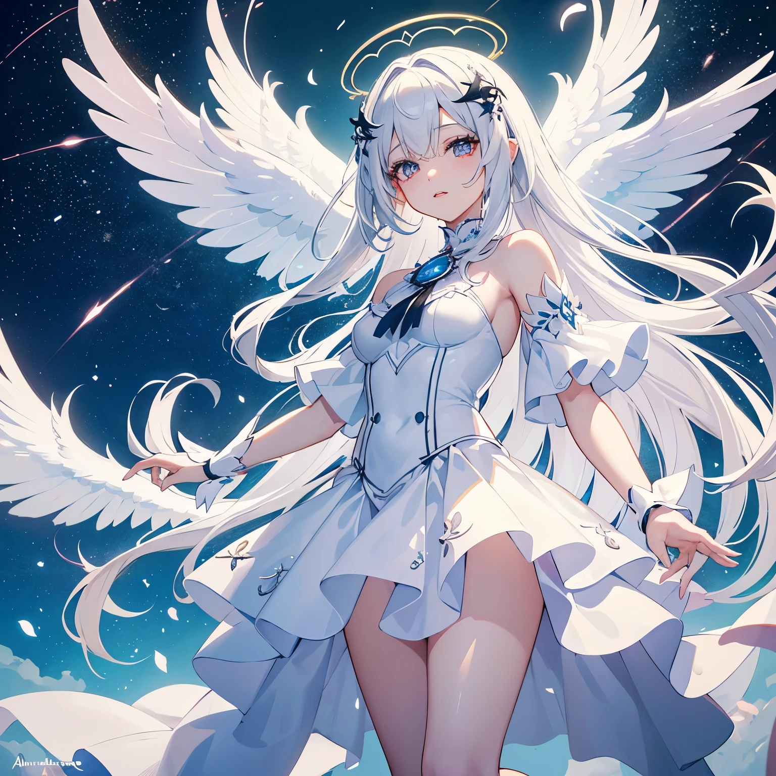 beautiful illustration, Mejor calidad, linda mujer angel, (transformation sequence), transform magical girl, chibi, white magical girl, fractal art, albino, cara de demonio, pelo largo de malla blanca y roja pura, hermosos ojos rojos detallados, cinematic lighting, tiro de vaquero, Mirando al espectador, desde la parte inferior, feliz