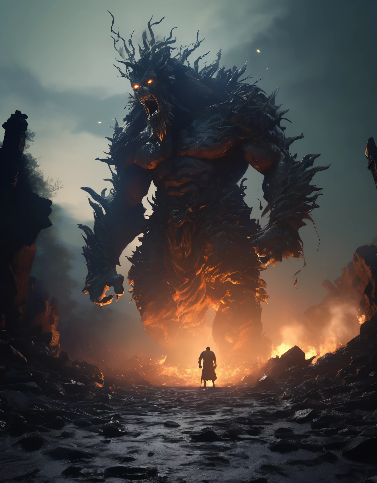 masterpiece,Super cool magical creatures,((super giant hill giant)),roar,Violent and cruel,Tall and mighty,((petrified skin)),thick limbs,Looking at the collapsed and broken castle at my feet,fighting,fire light,gravel,smoke,Random light and shadow,Glowing special effects,minimalist style,mist,(full body portrait:1.4),European and American fantasy style,Perfect,,highlight,bright colorful shades,Ink background,OC renderer,best picture quality,high resolution,dynamic perspective