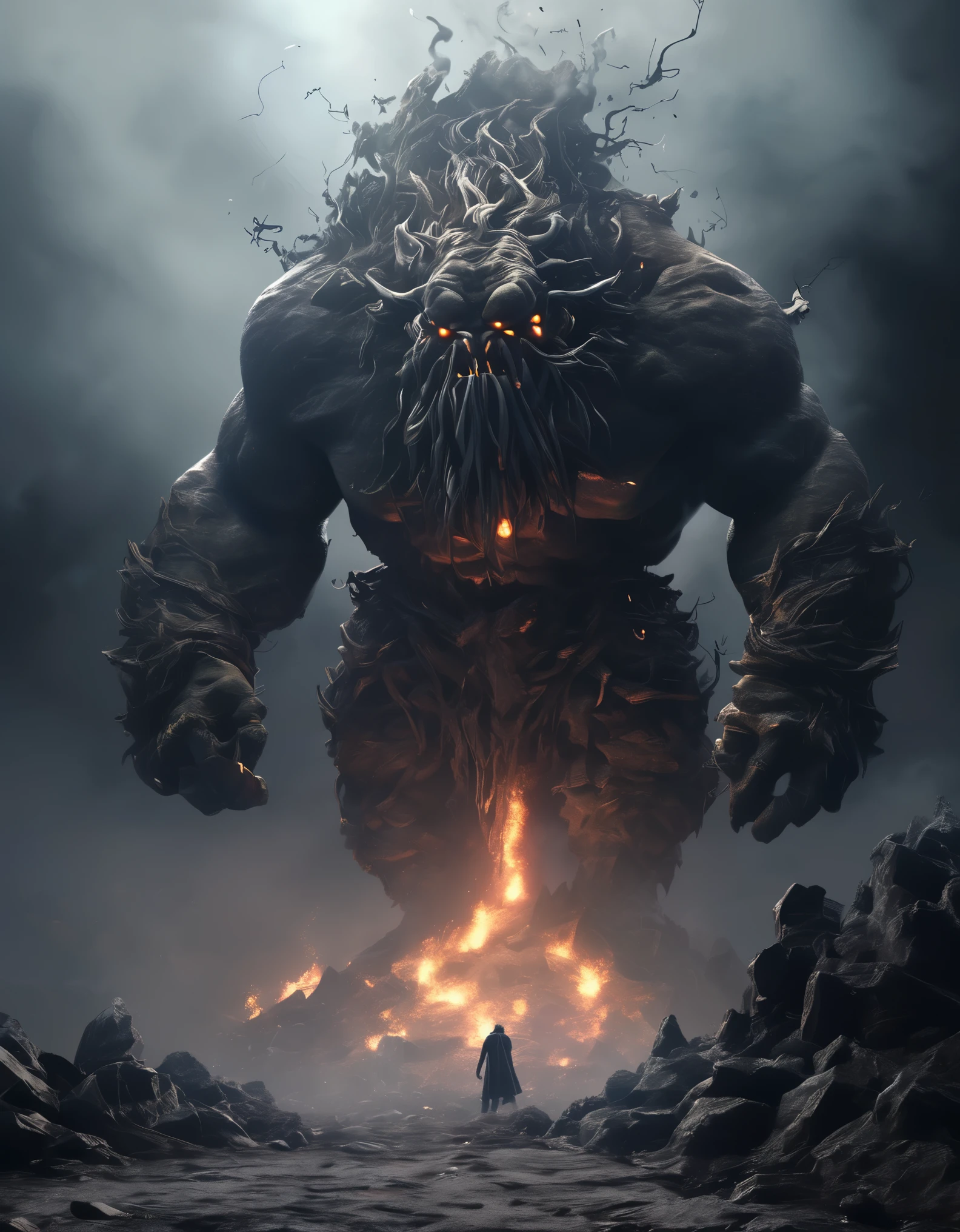 masterpiece,Super cool magical creatures,((super giant hill giant)),roar,Violent and cruel,Tall and mighty,((petrified skin)),thick limbs,Looking at the collapsed and broken castle at my feet,fighting,fire light,gravel,smoke,Random light and shadow,Glowing special effects,minimalist style,mist,(full body portrait:1.4),European and American fantasy style,Perfect,,highlight,bright colorful shades,Ink background,OC renderer,best picture quality,high resolution,dynamic perspective
