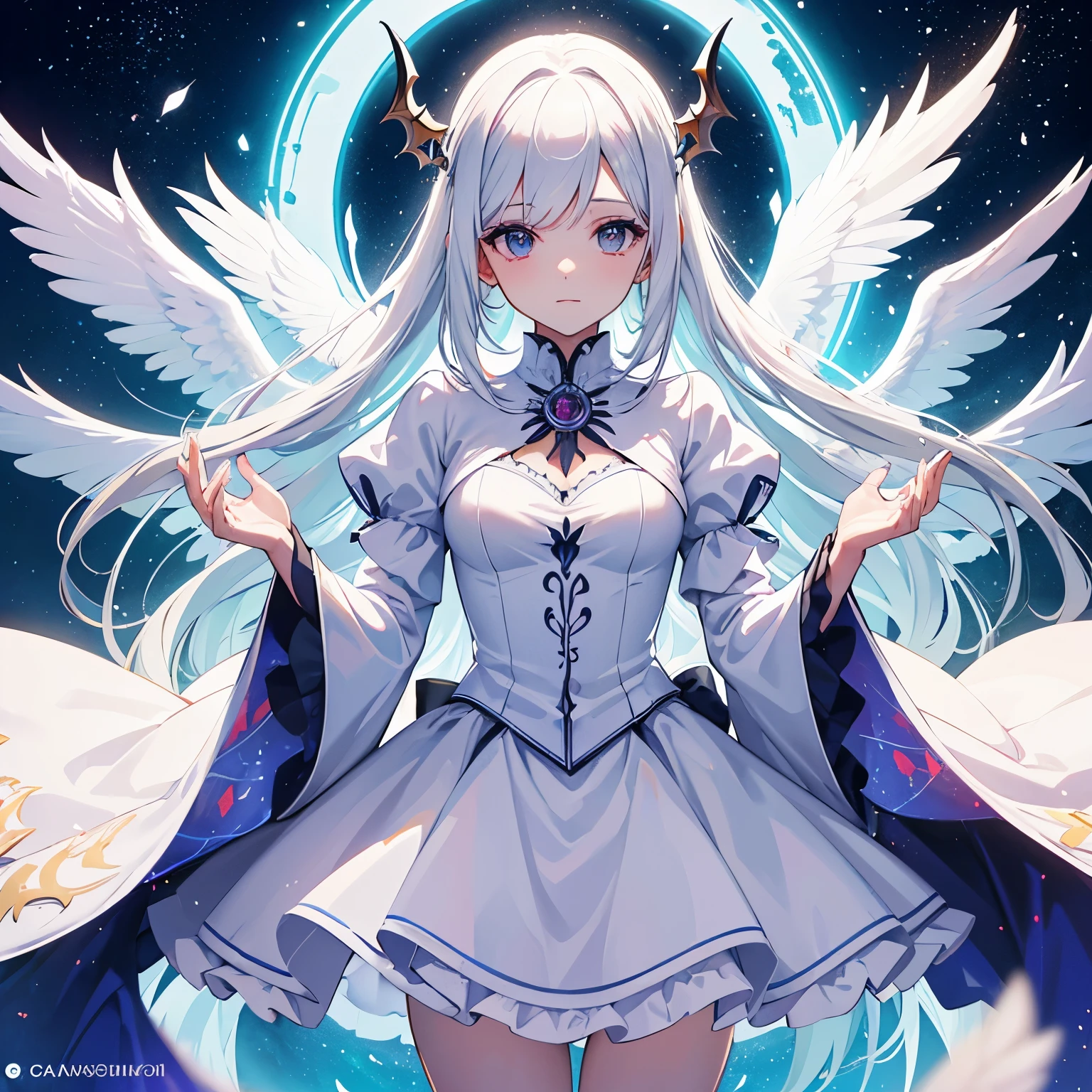 beautiful illustration, Mejor calidad, linda mujer angel, (transformation sequence), transform magical girl, chibi, white magical girl, fractal art, albino, cara de demonio, pelo largo de malla blanca y roja pura, hermosos ojos rojos detallados, cinematic lighting, tiro de vaquero, Mirando al espectador, desde la parte inferior, feliz