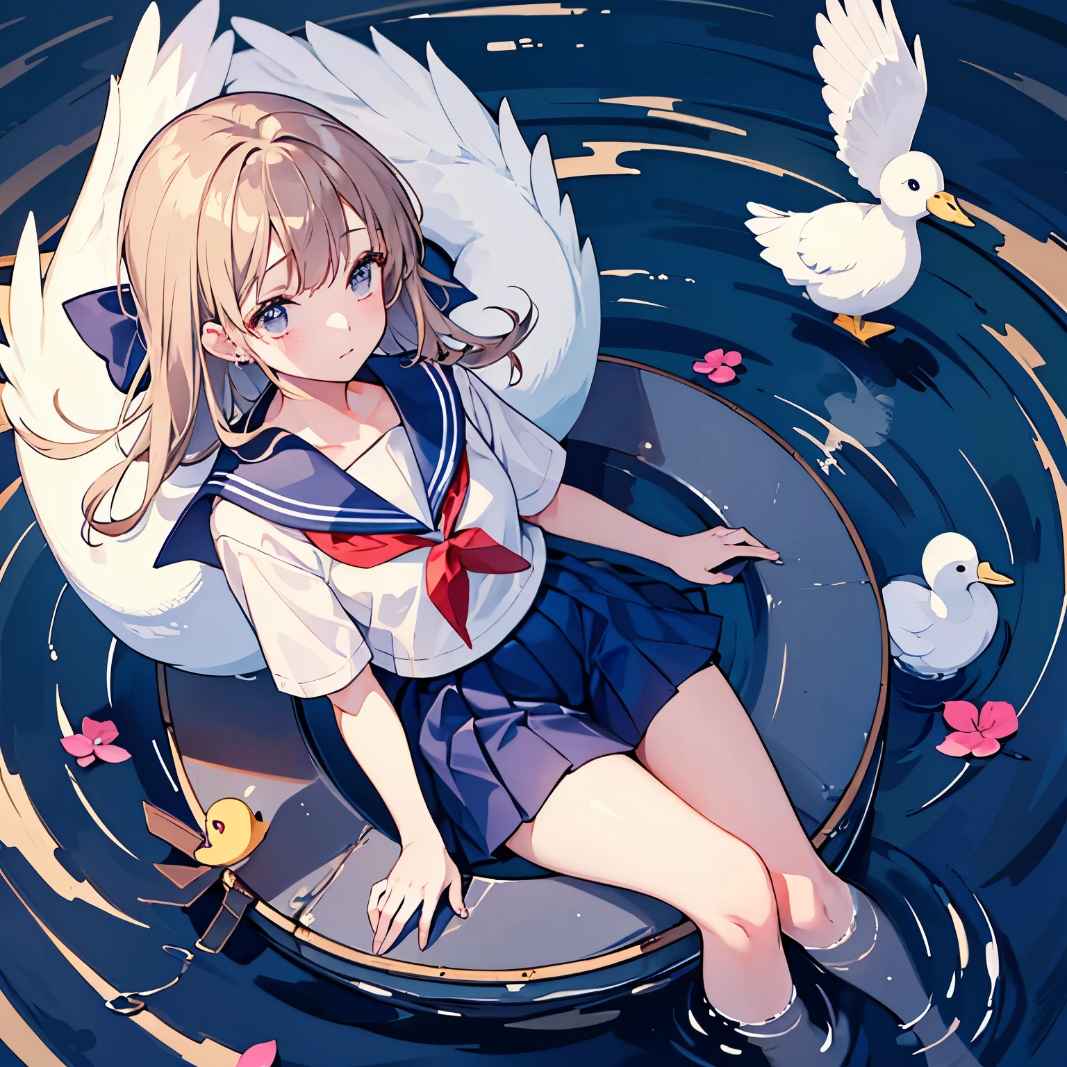 A girl in a sailor suit sitting duck and looking up, falling in love at first sight