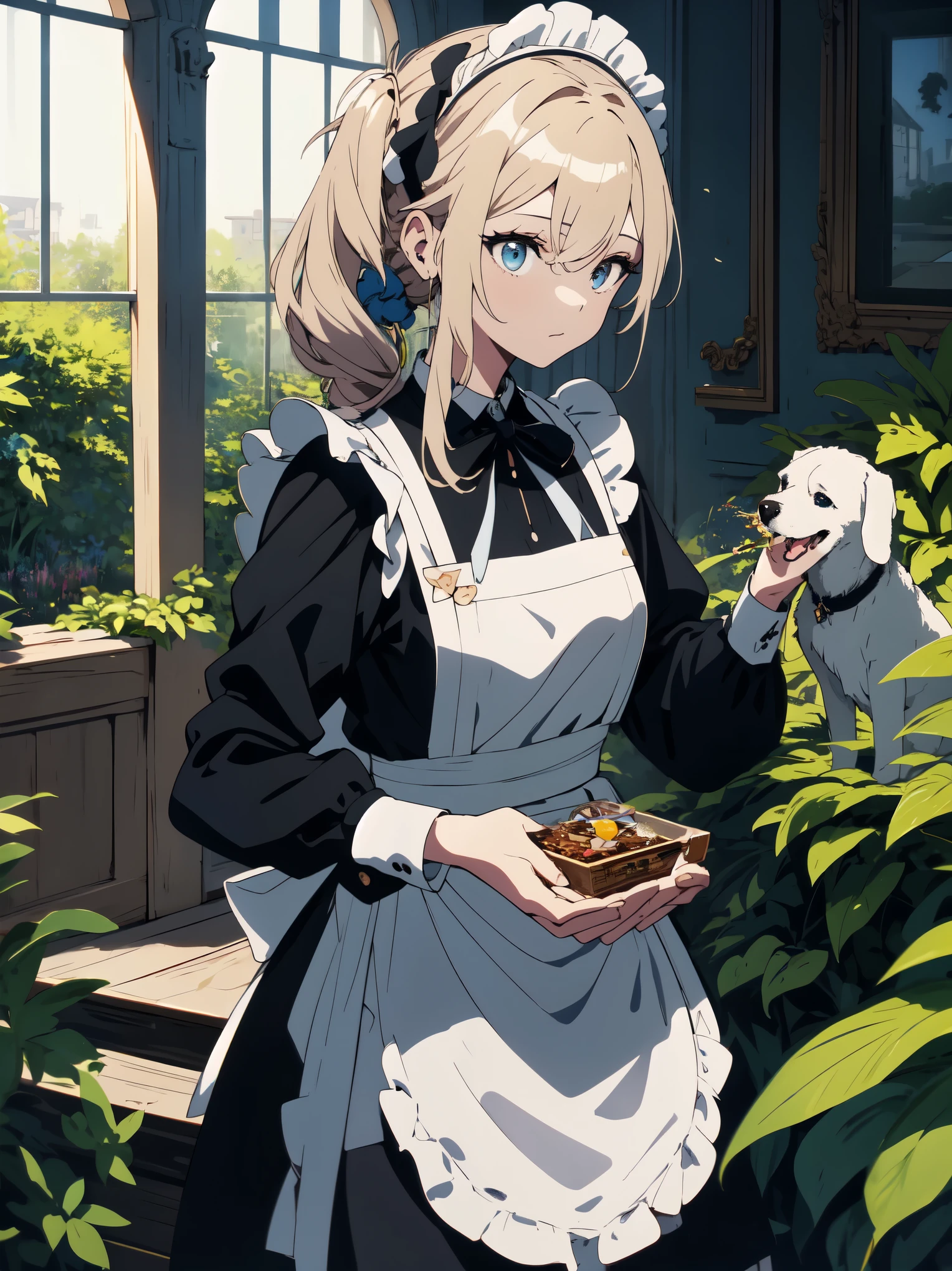 (masterpiece, highest quality, High resolution、be familiar with), (shining eyes)、1 girl,blonde hair, maid, blue eyes, side ponytail, hair scrunchie, hair ornaments, blue scrunchie, maid headdress, apron, (Feeding a dog in the garden of a mansion)hair between eyes, chest, long sleeve, bangs, white shirt, black dress, side lock, maid apron, black pantyhose,  cowboy shot,indoor、Western-style room、beautiful anime