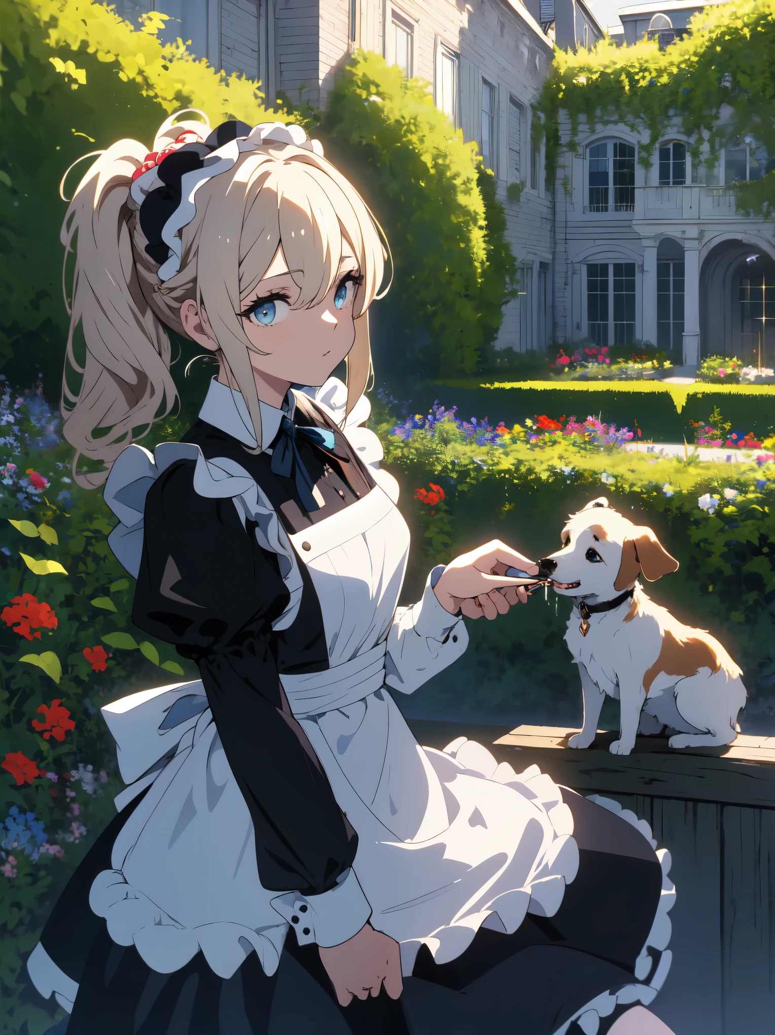 (masterpiece, highest quality, High resolution、be familiar with), (shining eyes)、1 girl,blonde hair, maid, blue eyes, side ponytail, hair scrunchie, hair ornaments, blue scrunchie, maid headdress, apron, (Feeding a dog in the garden of a mansion)hair between eyes, chest, long sleeve, bangs, white shirt, black dress, side lock, maid apron, black pantyhose, cowboy shot,indoor、Western-style room、beautiful anime