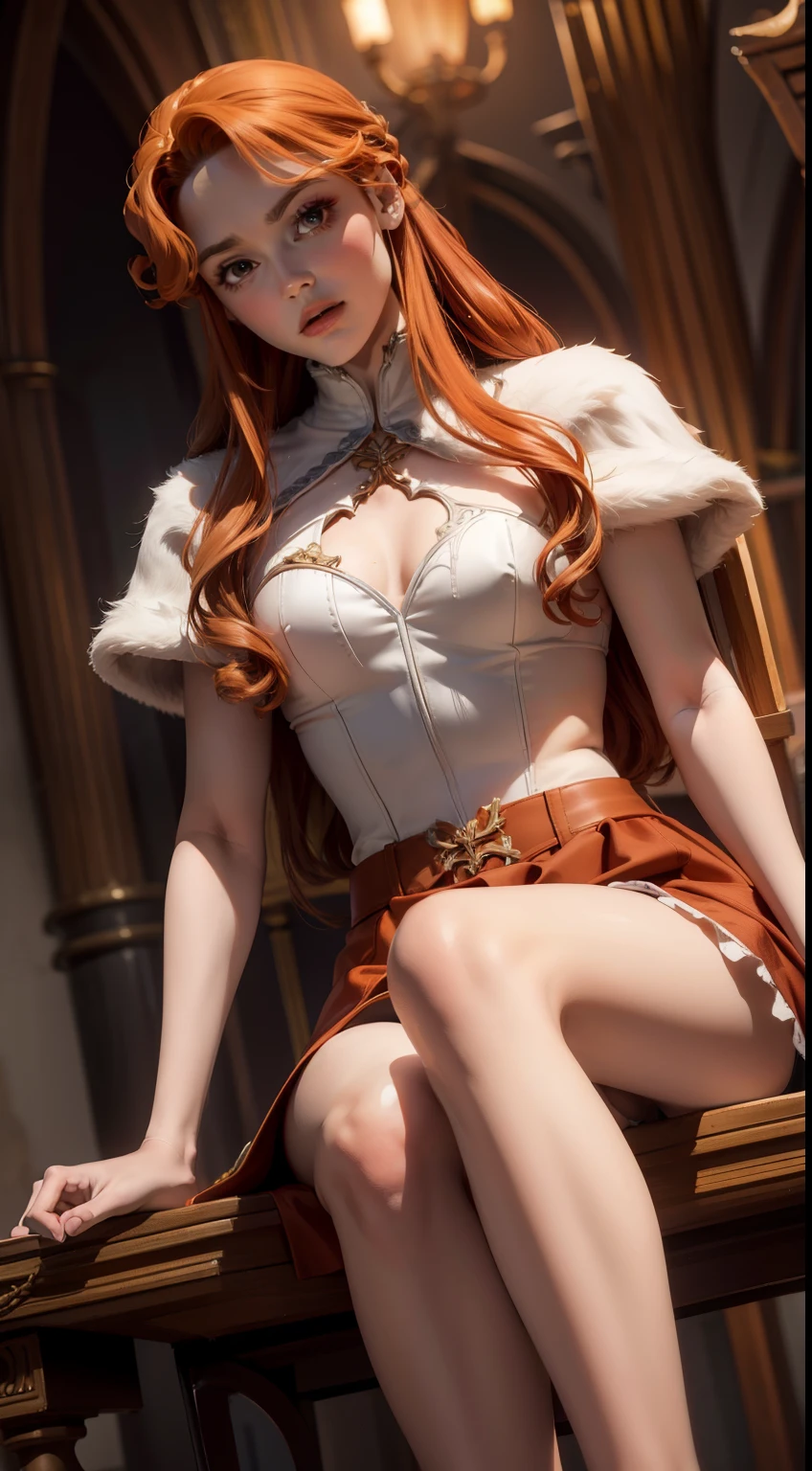 ((foto de corpo inteiro)), ((foto realista)), 1 girl, (colete: 1.2), 8k, high-res, pele finamente detalhada, lingerie, seios enormes, lenore from castlevania, vampire, red hair, skirt, sitting, toned legs, heels, dominant, low angle, upskirt, athletic, skinny, toned, smaller body, thin waist, from below, crossed legs, highly detailed realisticly proportioned legs, toned legs