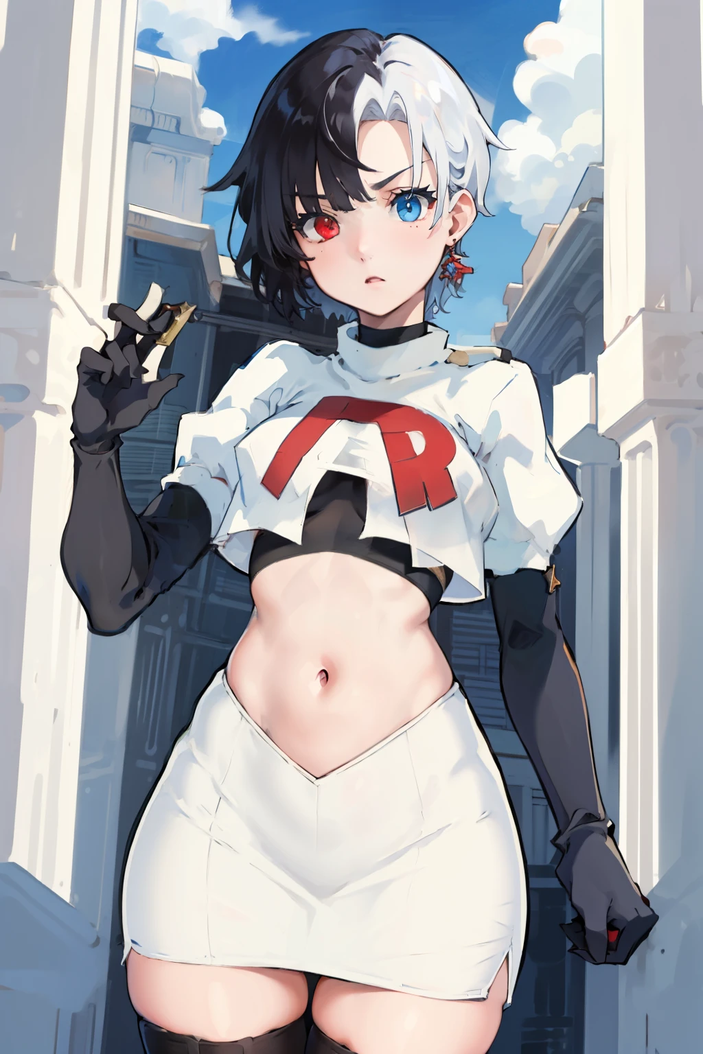 masterpiece, detailed, high quality, absurdres, penrose, 1girl, solo, heterochromia, red eyes, blue eyes, small breasts, curvy, cowboy shot, team rocket,team rocket uniform, red letter R, white skirt,white crop top,black thigh-highs, black elbow gloves,