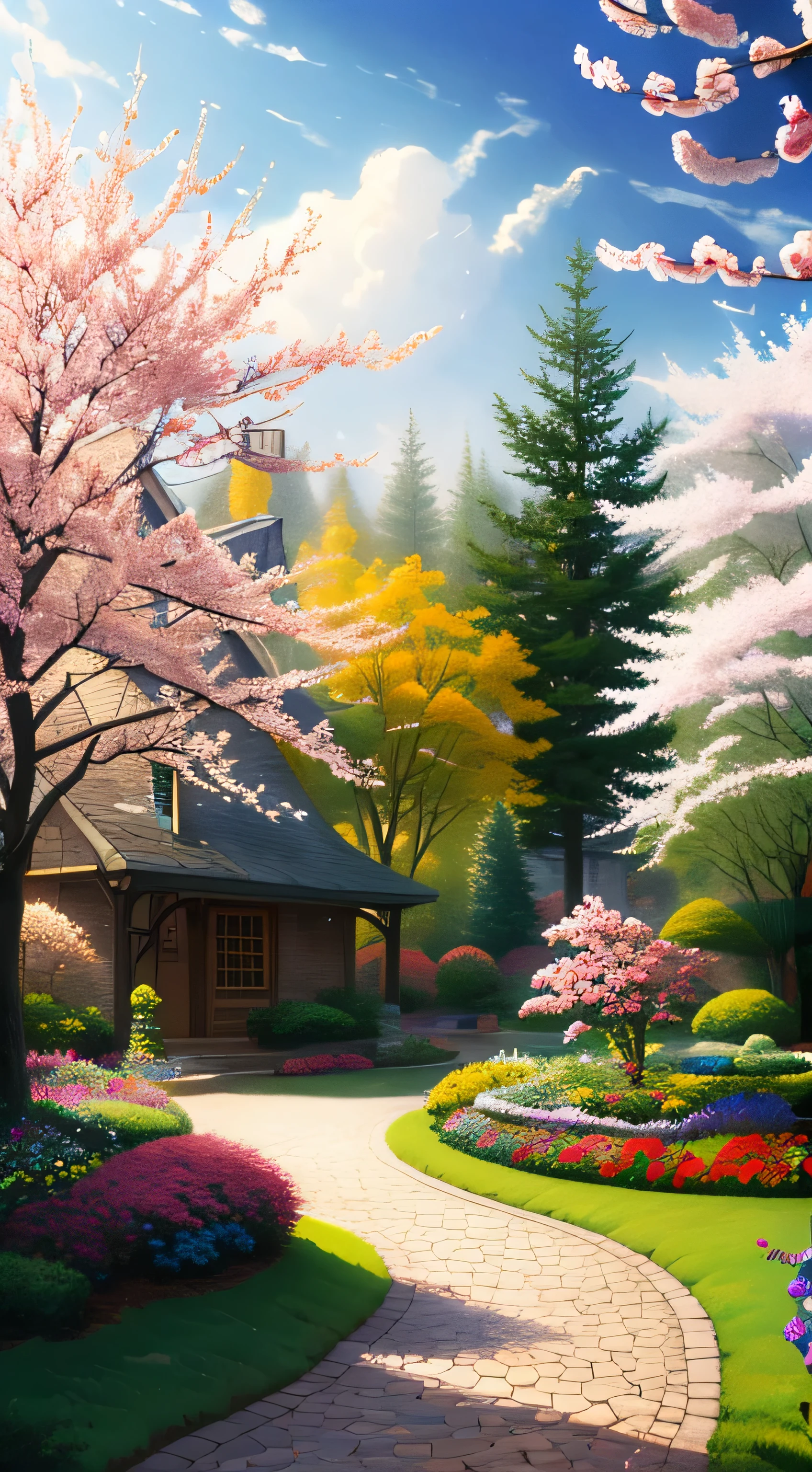 beautiful garden painting. spring , Moody and meaningful scenes in the style of Thomas Kinkade ,HD 4K , seamless texture, watercolor、cherry blossoms、