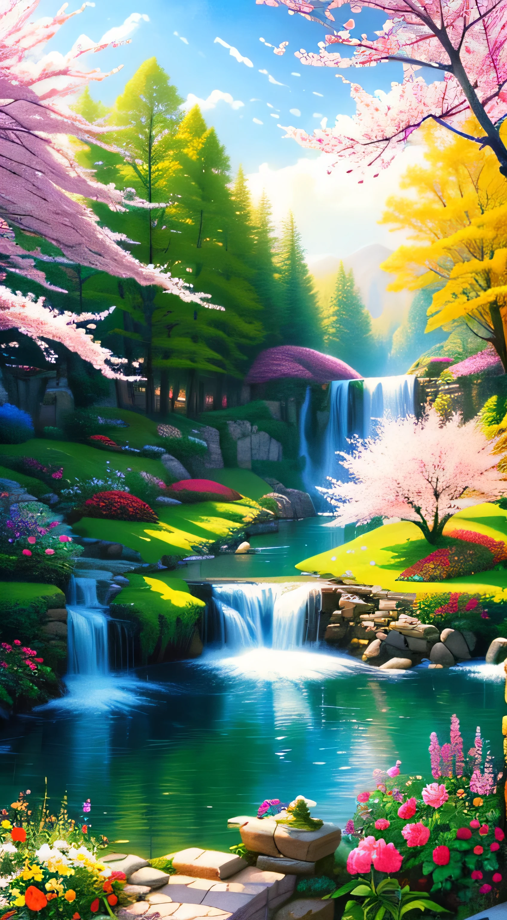 beautiful garden painting. spring , Moody and meaningful scenes in the style of Thomas Kinkade ,HD 4K , seamless texture, watercolor、cherry blossoms、