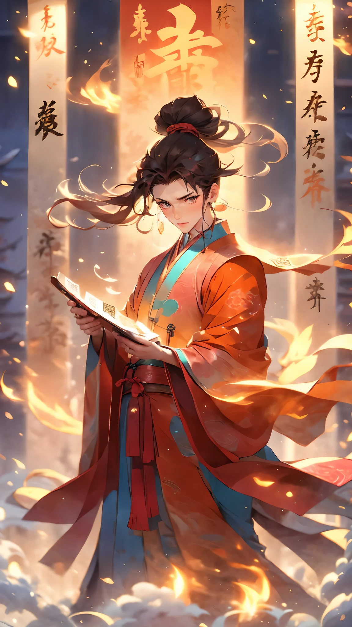(masterpiece, best quality:1.2),Wen Dao Sheng Zun, black hair,1boy, blue eyes,Energy pairing, chinese clothes,smoke, gradient sky,Multiple light spots,Golden flame,dawn,The couplet behind it,Red Theme,Red Hanfu,Foreground white cloud and mist,Upper body,Handheld bamboo book slips, holding, long sleeves, looking at viewer, magic, male focus, orange background, orange theme, pyrokinesis, smoke, solo, standing, twilight, wide sleeves,Bundled hair,wind