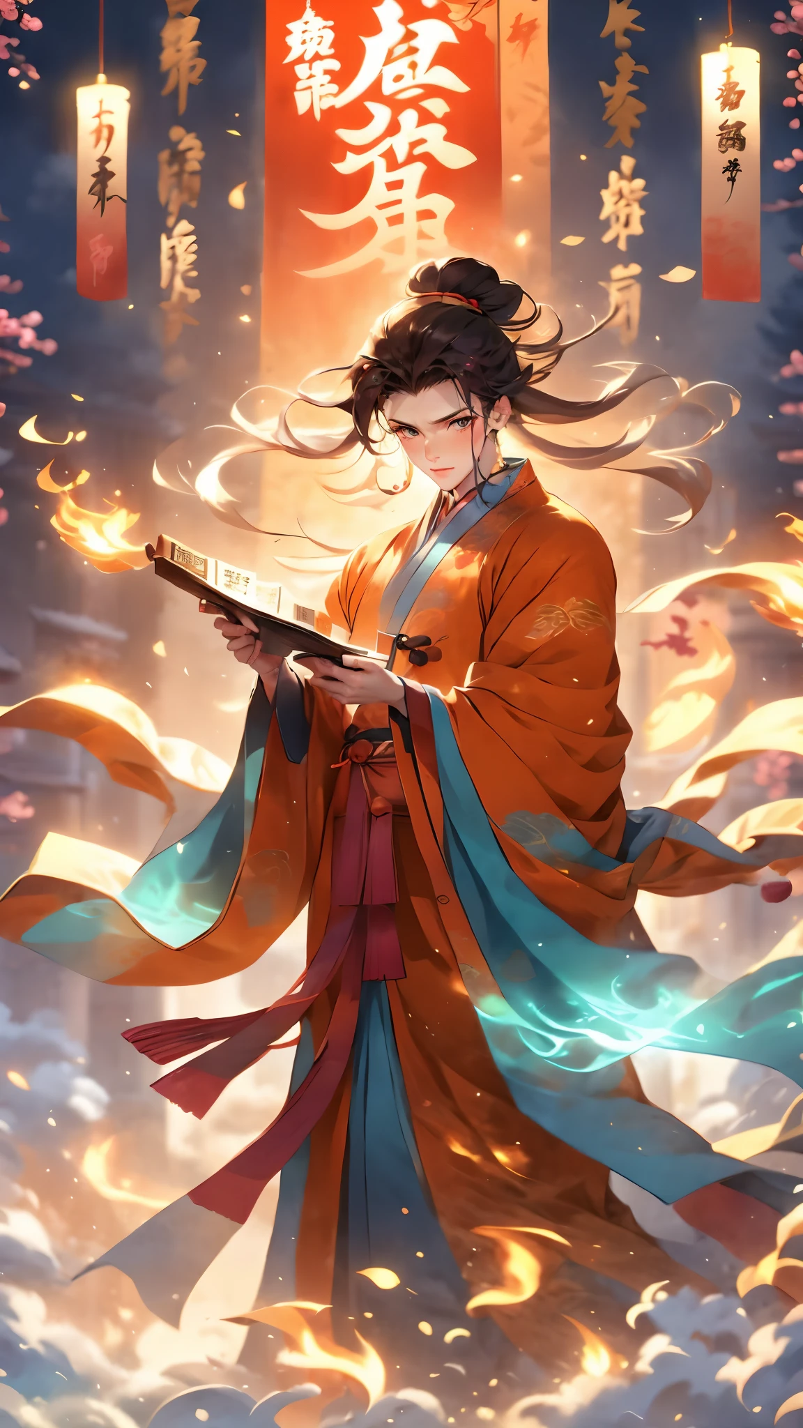 (masterpiece, best quality:1.2),Wen Dao Sheng Zun, black hair,1boy, blue eyes,Energy pairing, chinese clothes,smoke, gradient sky,Multiple light spots,Golden flame,dawn,The couplet behind it,Red Theme,Red Hanfu,Foreground white cloud and mist,Upper body,Handheld bamboo book slips, holding, long sleeves, looking at viewer, magic, male focus, orange background, orange theme, pyrokinesis, smoke, solo, standing, twilight, wide sleeves,Bundled hair,wind