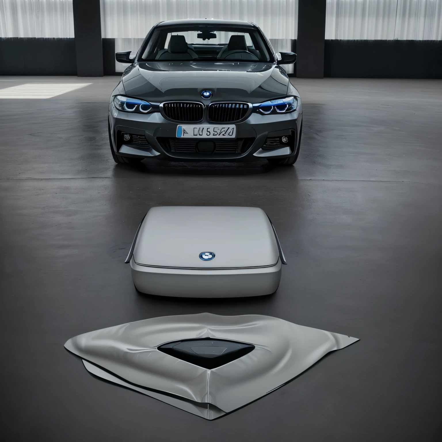 The front side view of concept bmw 5 series, it has body of bmw 5 series 2024 and face of bmw 518 e12 1980 , combination of modern style and retro style, behind it is the view of a large and luxurious saloon.