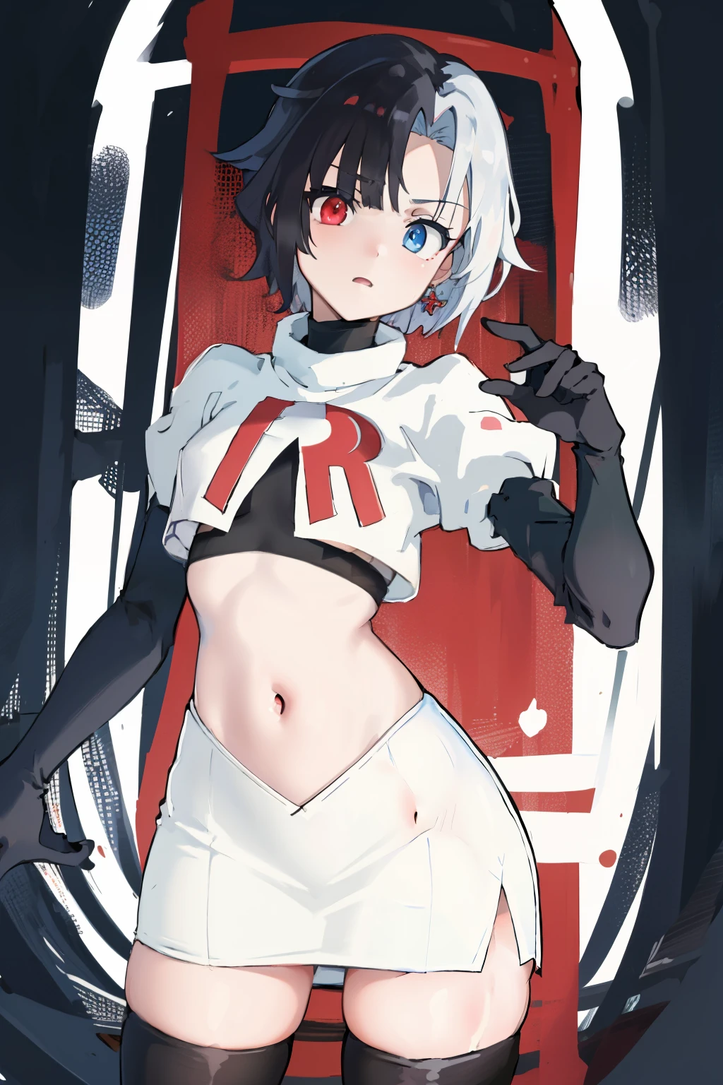 masterpiece, detailed, high quality, absurdres, penrose, 1girl, solo, heterochromia, red eyes, blue eyes, small breasts, curvy, cowboy shot, team rocket,team rocket uniform, red letter R, white skirt,white crop top,black thigh-highs, black elbow gloves,